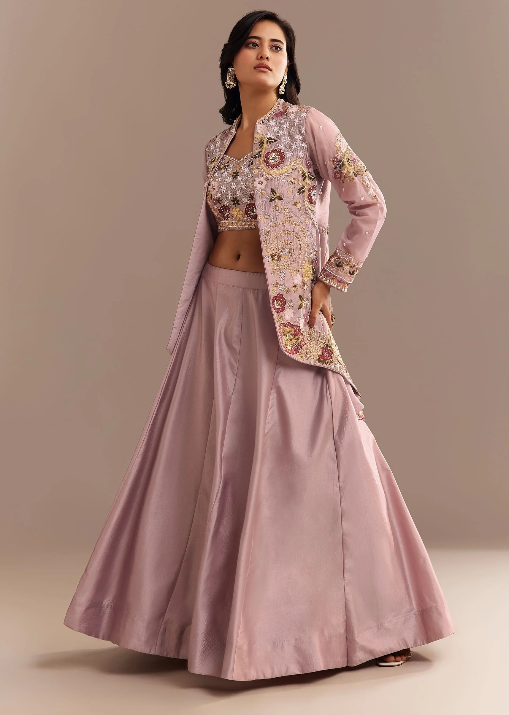 Lavender Silk Embroidered Jacket Lehenga Set - Image 3