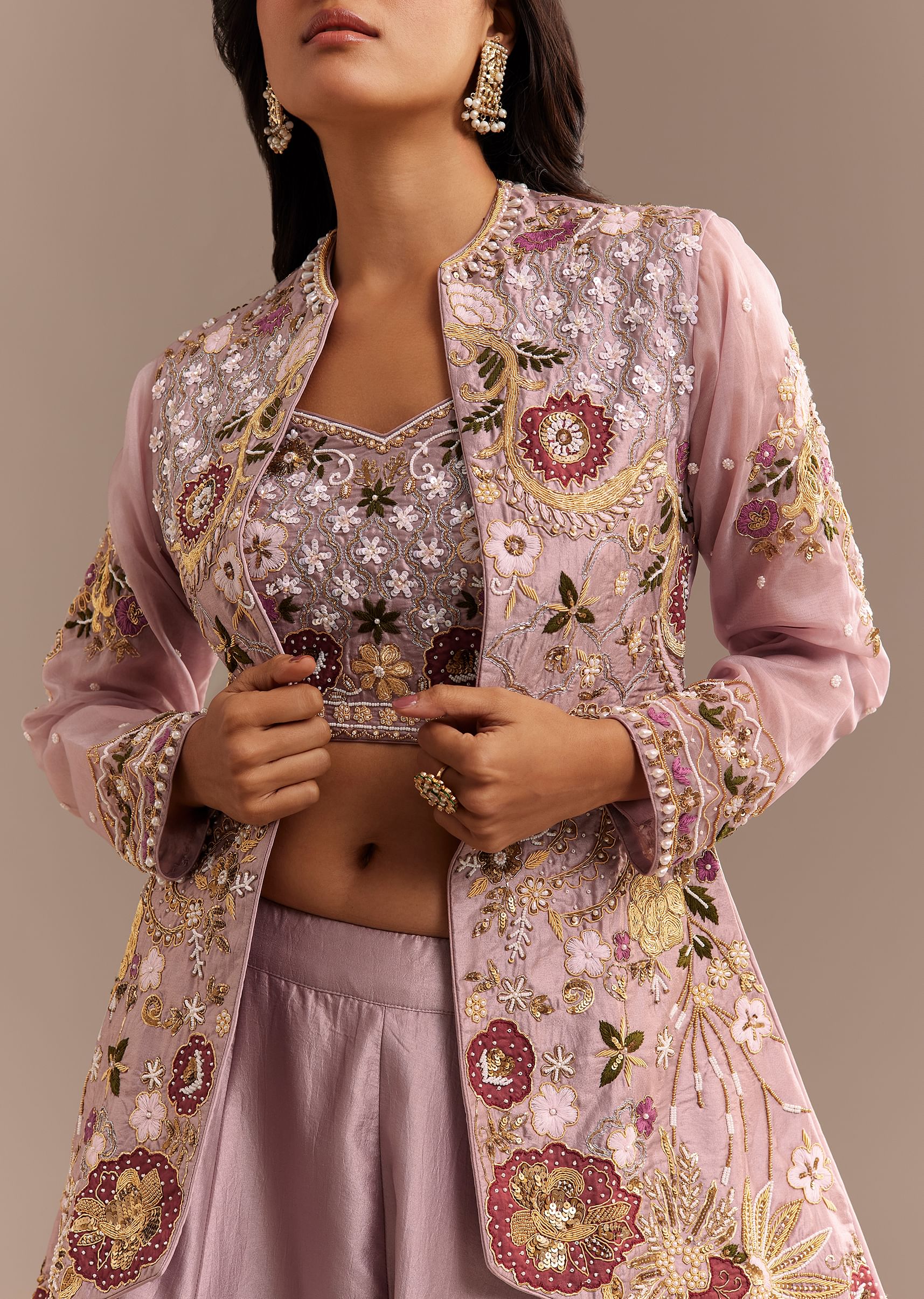 Lavender Silk Embroidered Jacket Lehenga Set - Image 4