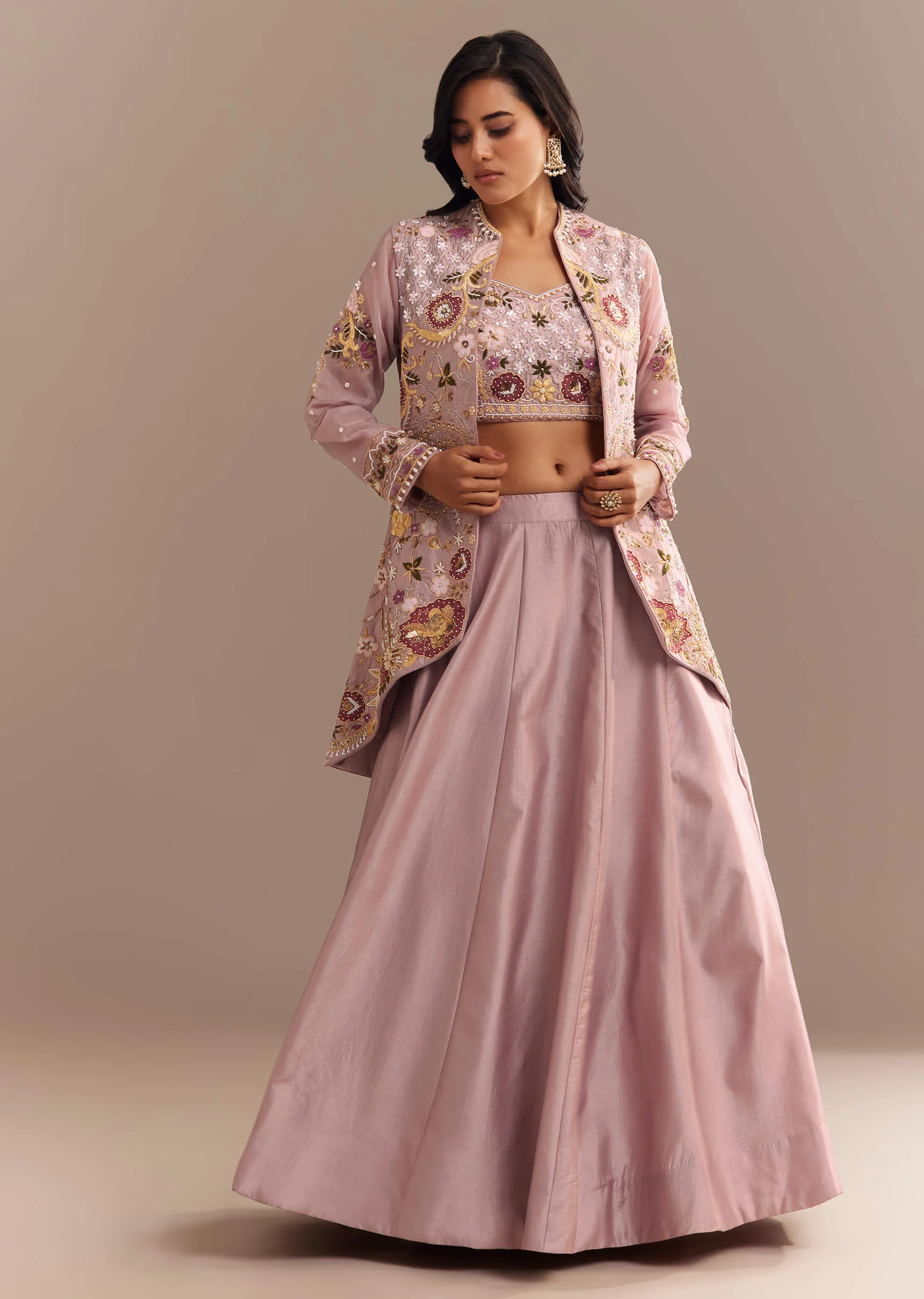 Lavender Silk Embroidered Jacket Lehenga Set - Image 7