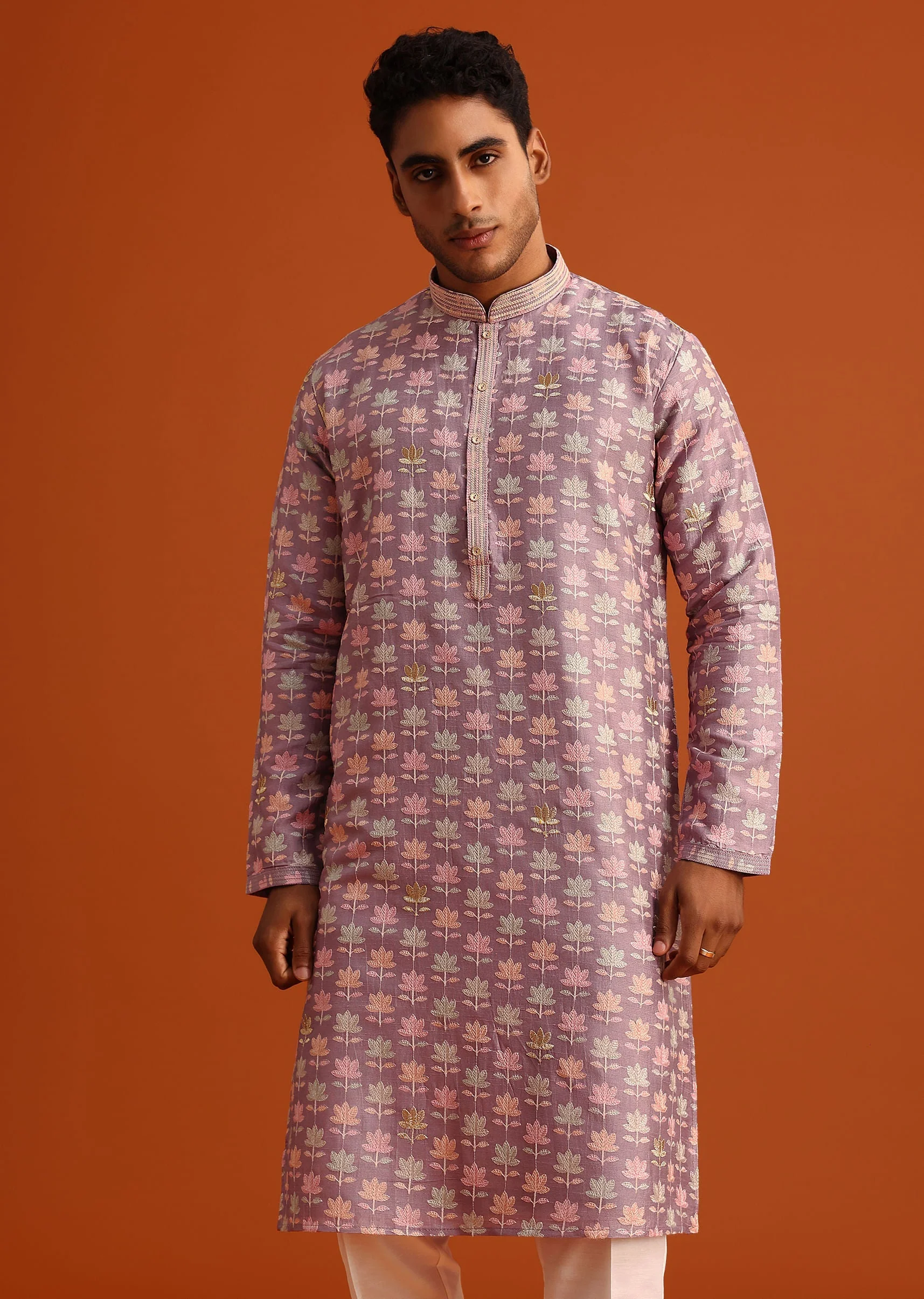 Lavender Silk Kurta And Pant Set With Printed Work - Image 2