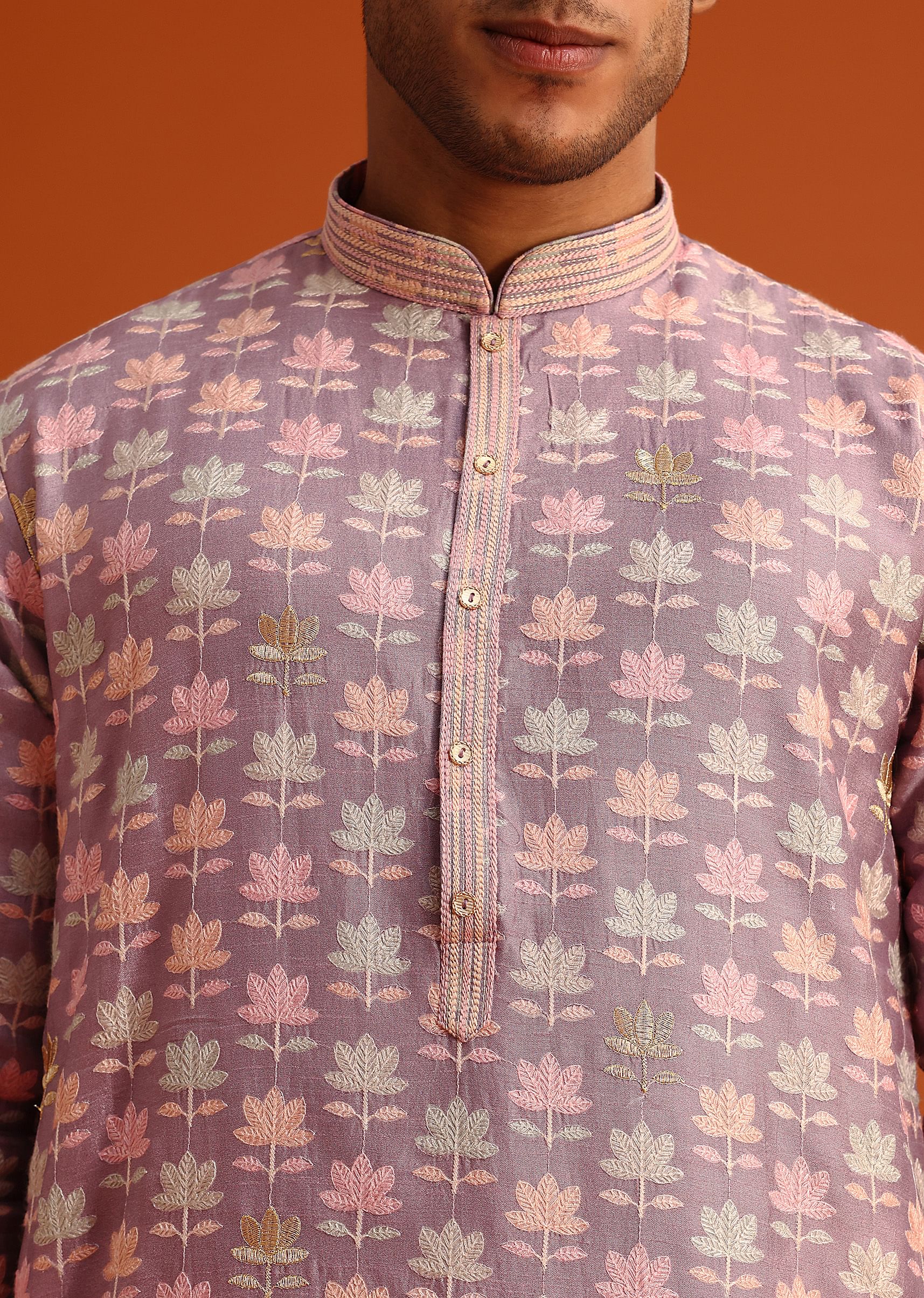 Lavender Silk Kurta And Pant Set With Printed Work - Image 4