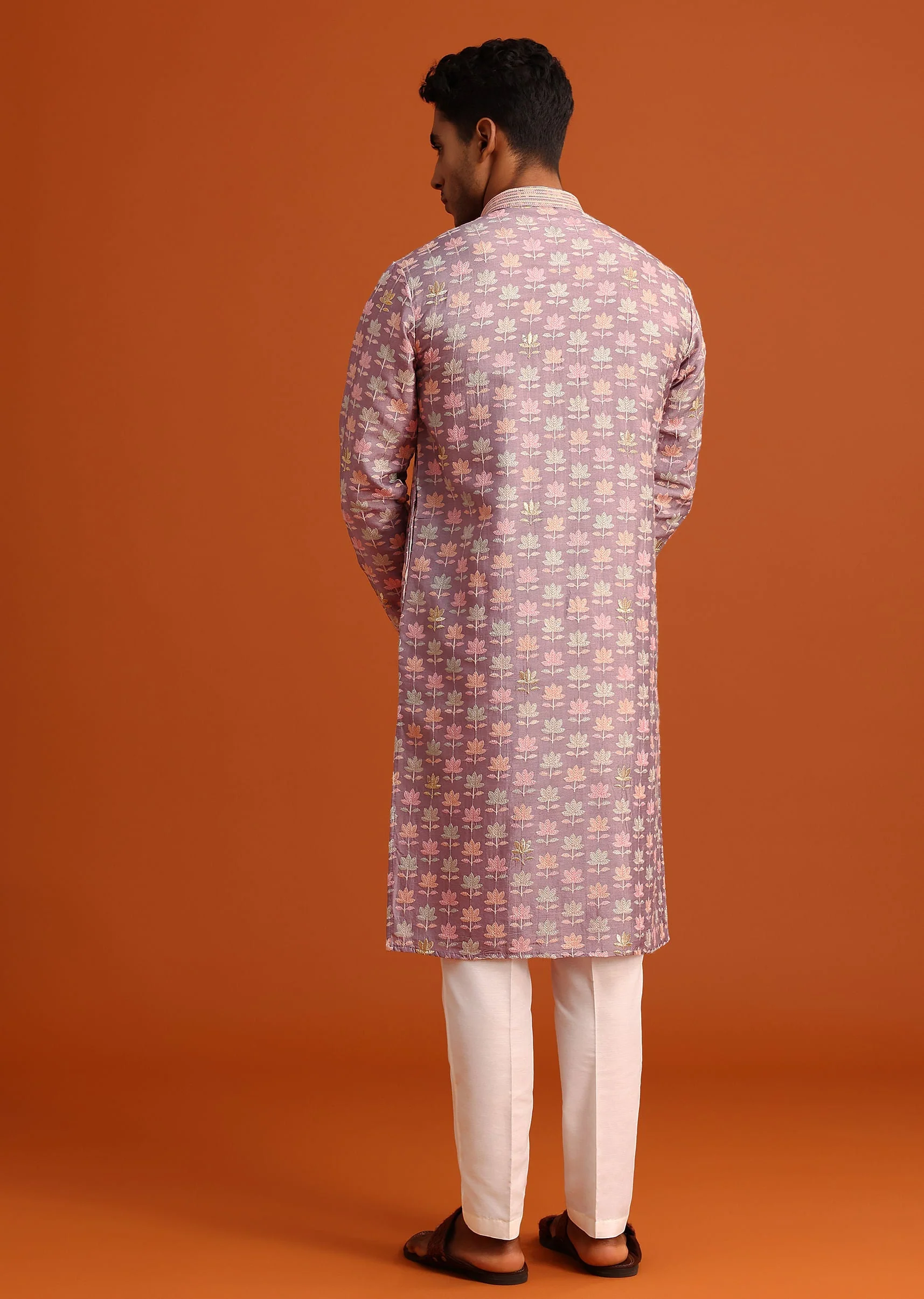 Lavender Silk Kurta And Pant Set With Printed Work - Image 5