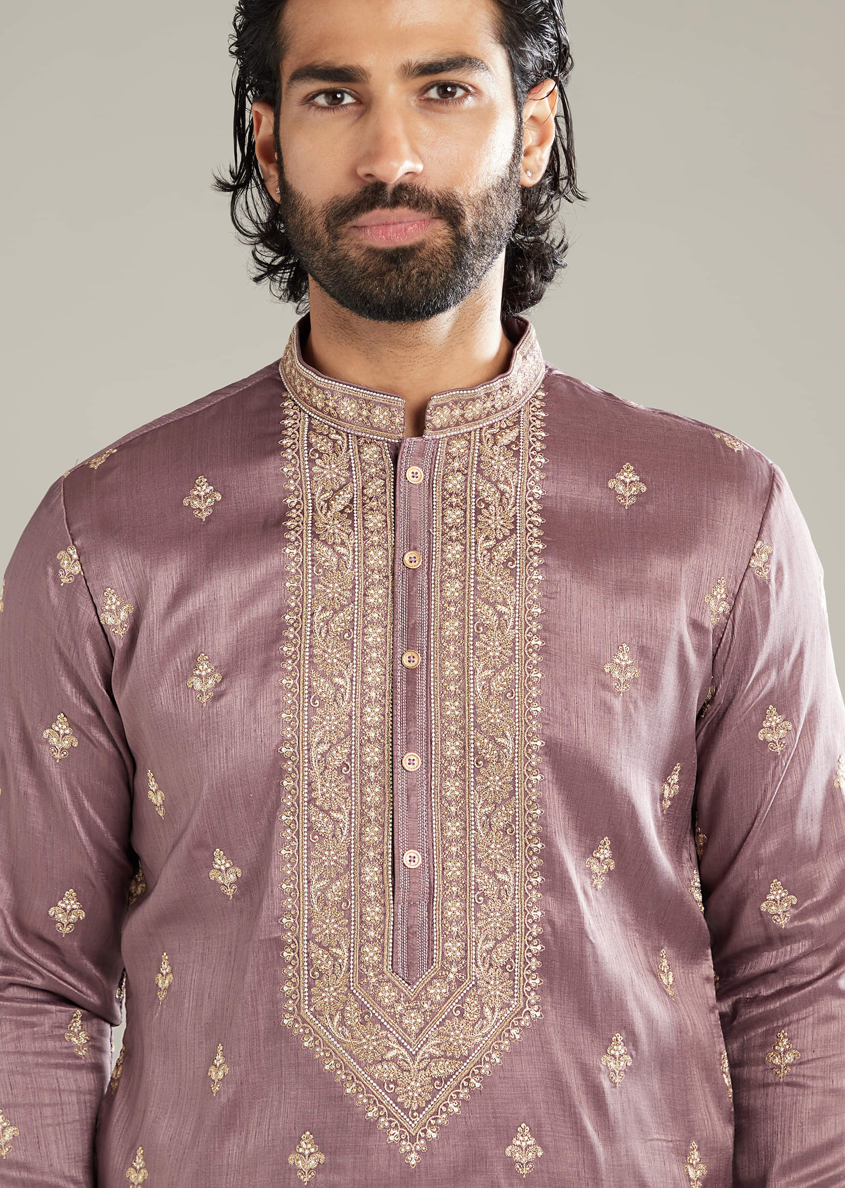 Lavender Silk Kurta Set For Men With Resham Hand Embroidery - Image 2