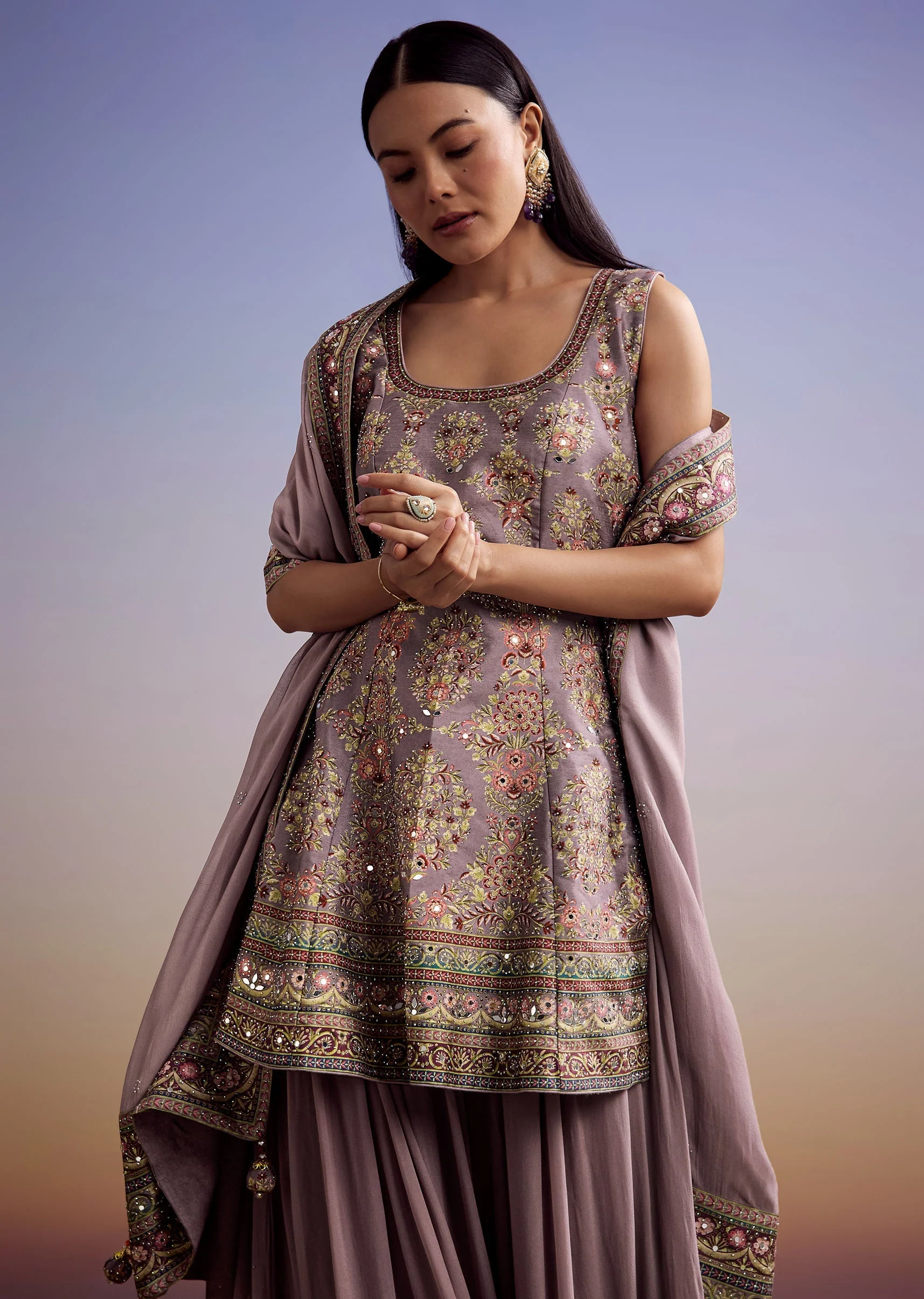 Lavender Silk Palazzo Suit With Stone Work And Printed Kurta - Image 4
