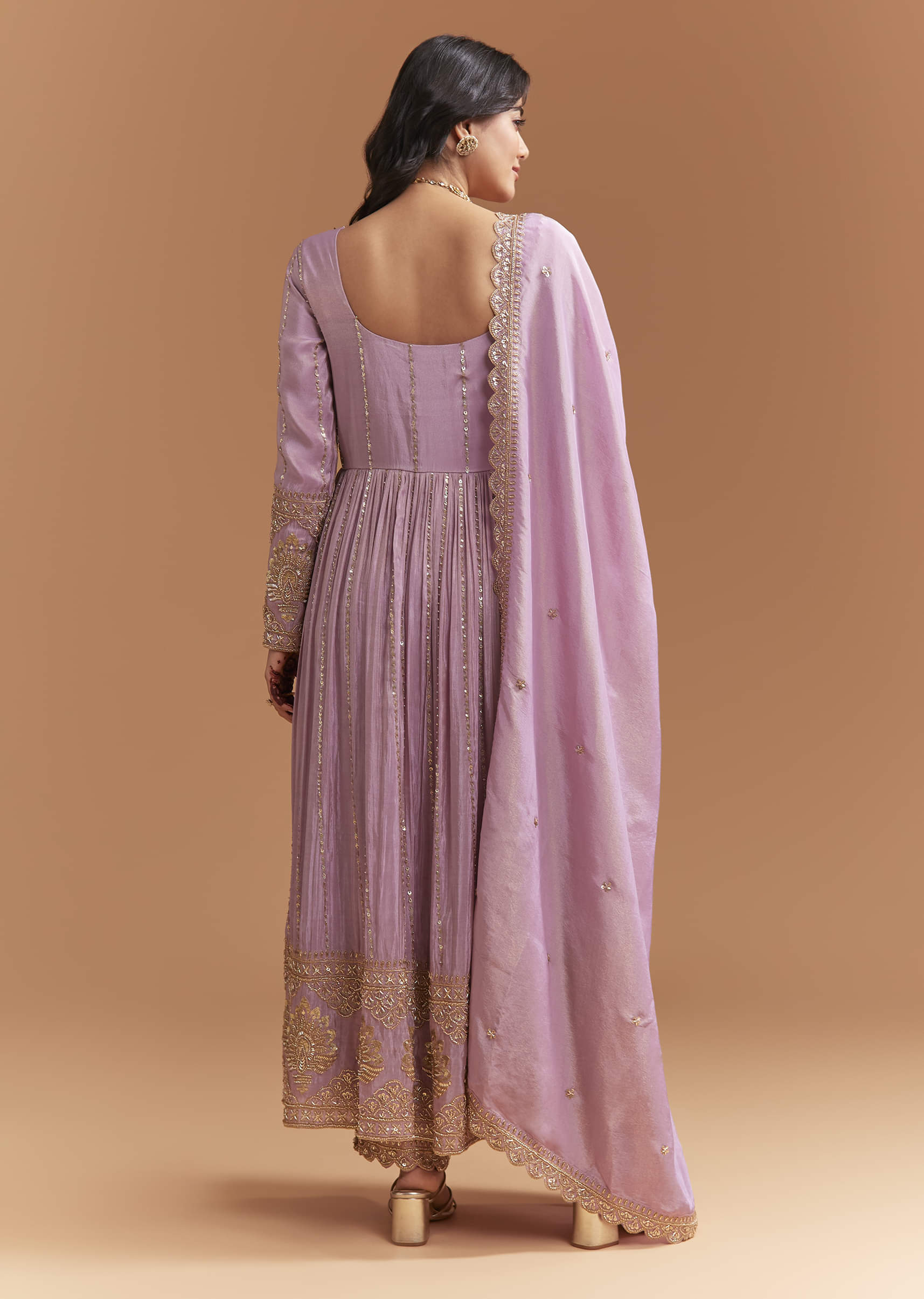 Lavender Tissue Anarkali Suit With Sequins And Beads Work - Image 3