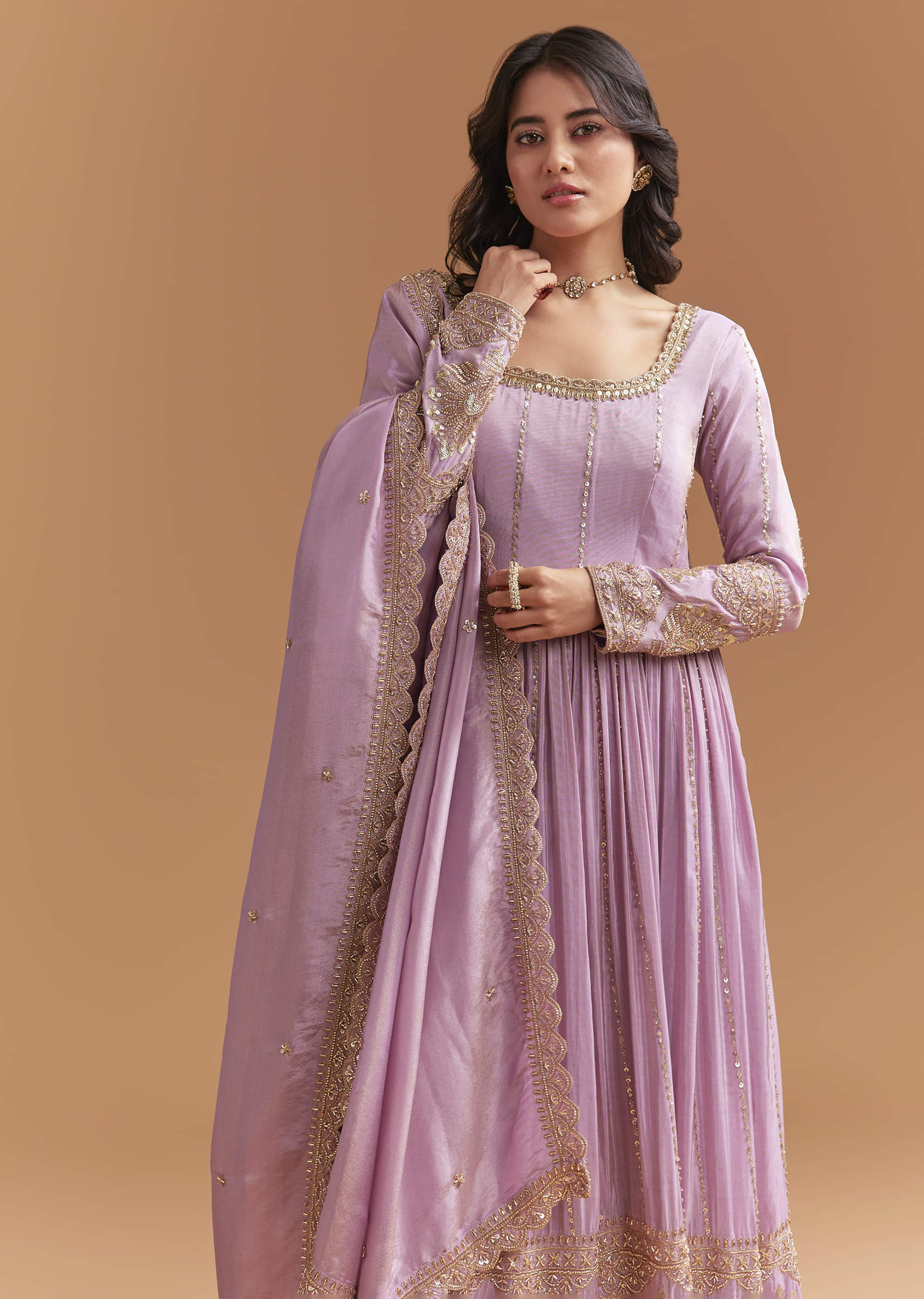Lavender Tissue Anarkali Suit With Sequins And Beads Work - Image 5