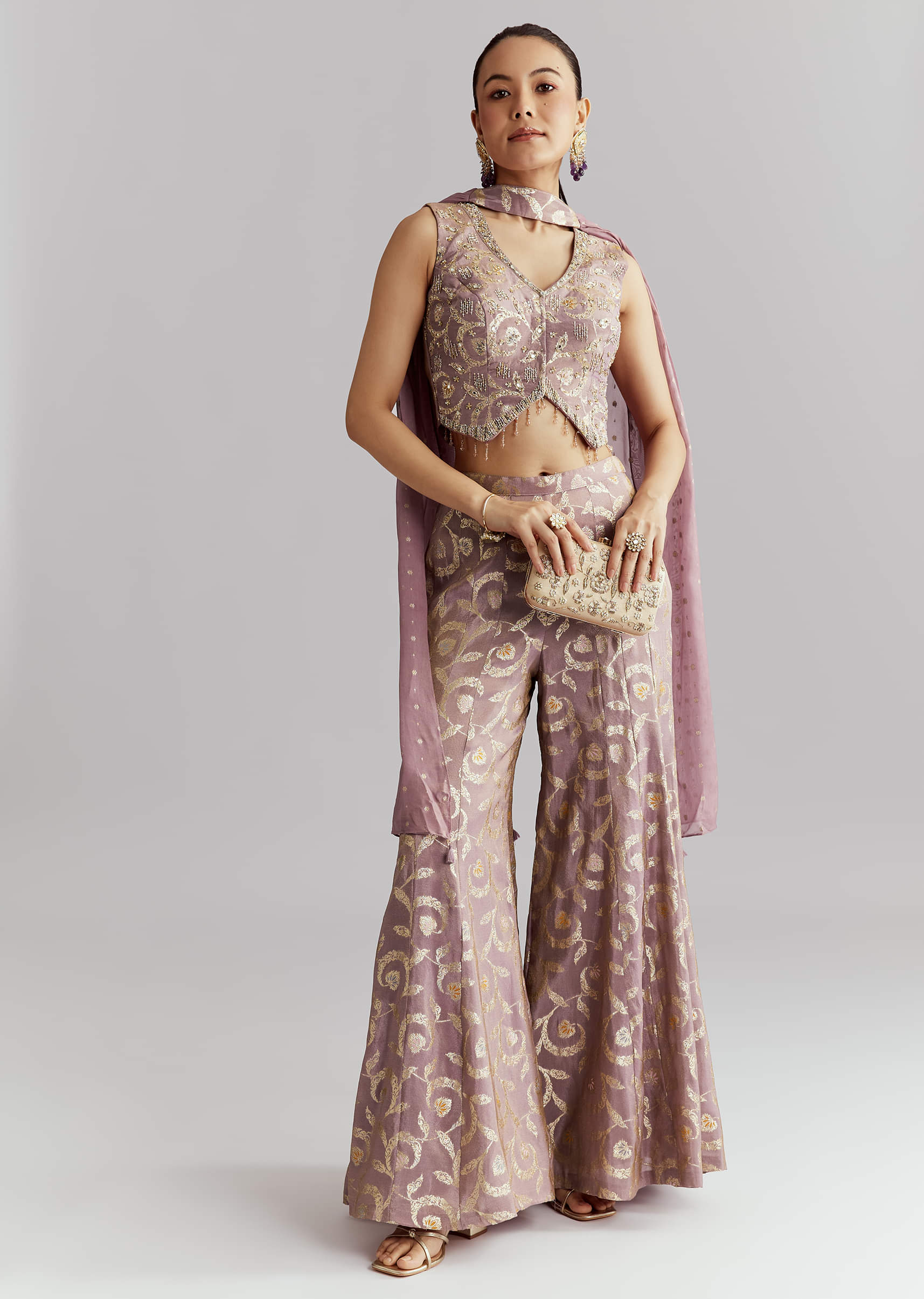 Lavender Tissue Crop Top And Palazzo Pant Set With Embroidery