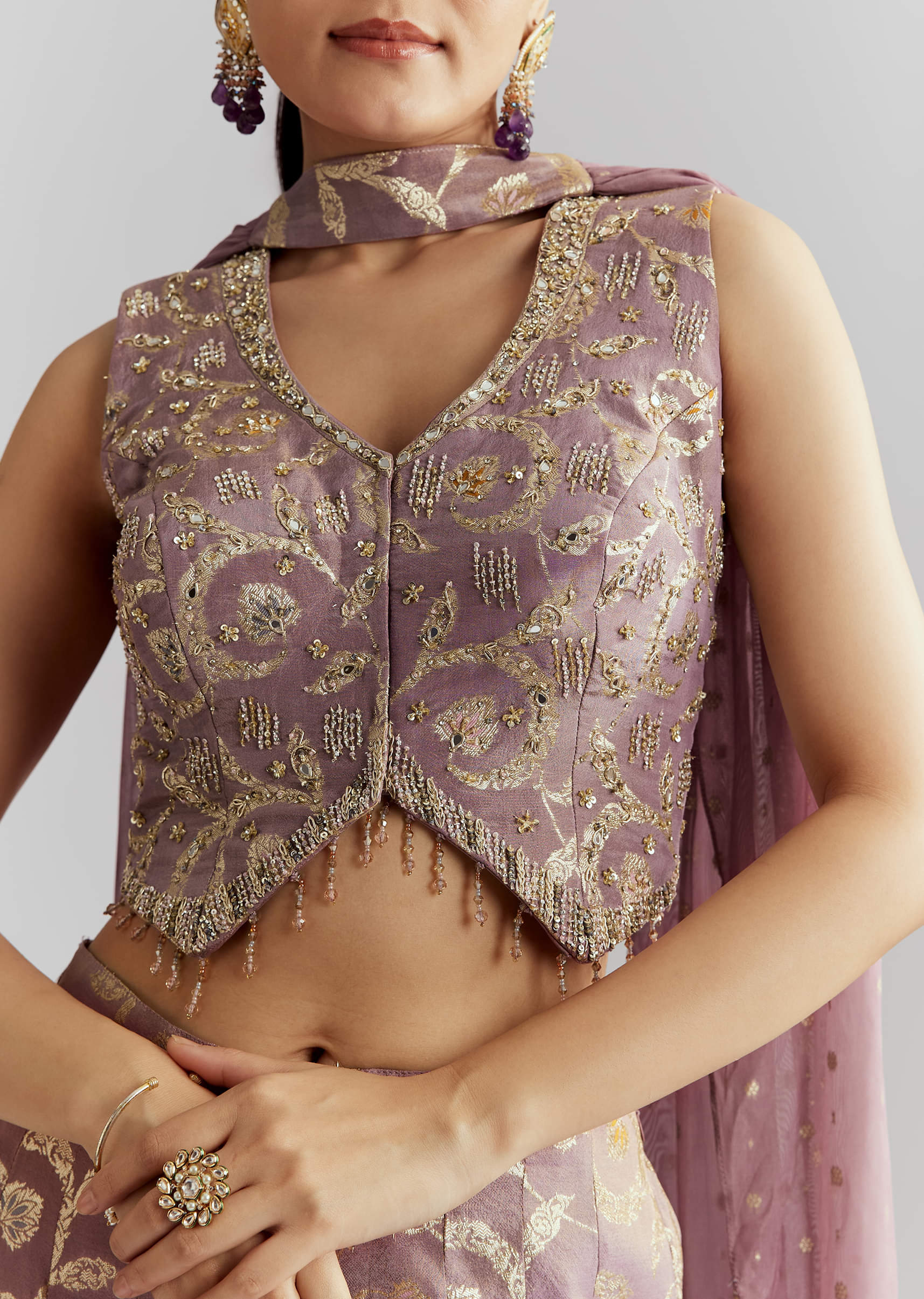 Lavender Tissue Crop Top And Palazzo Pant Set With Embroidery - Image 2