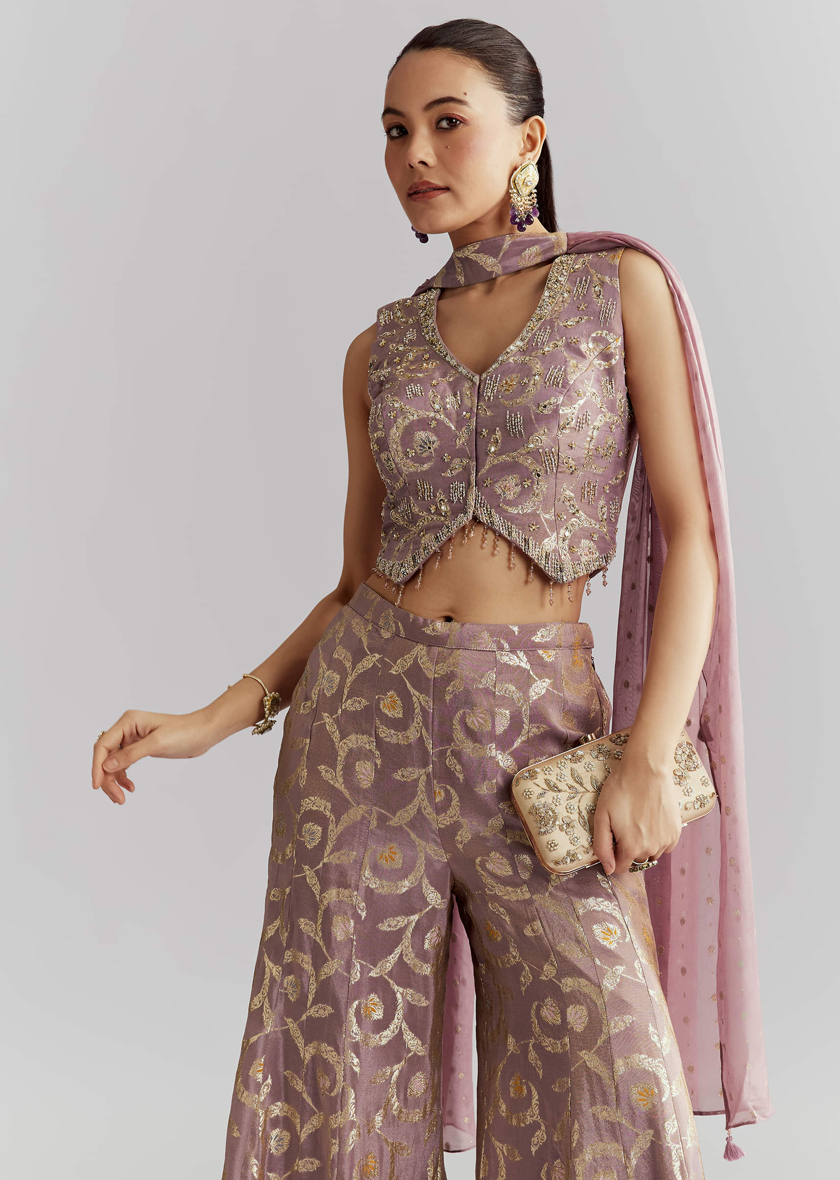 Lavender Tissue Crop Top And Palazzo Pant Set With Embroidery - Image 4