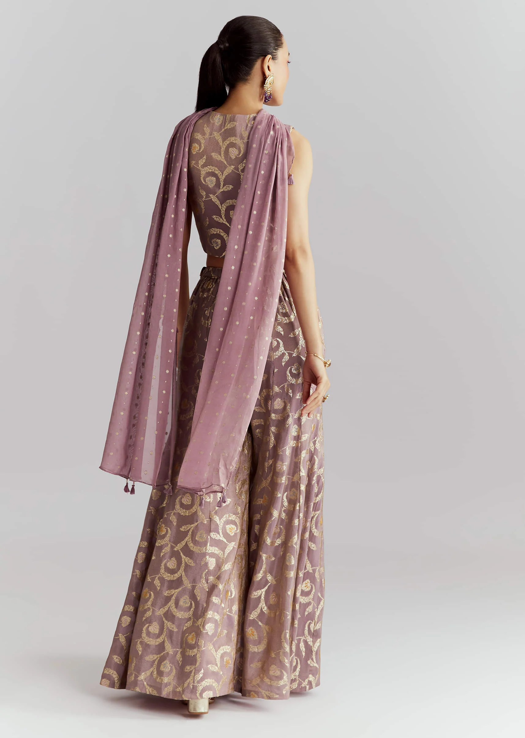 Lavender Tissue Crop Top And Palazzo Pant Set With Embroidery - Image 5