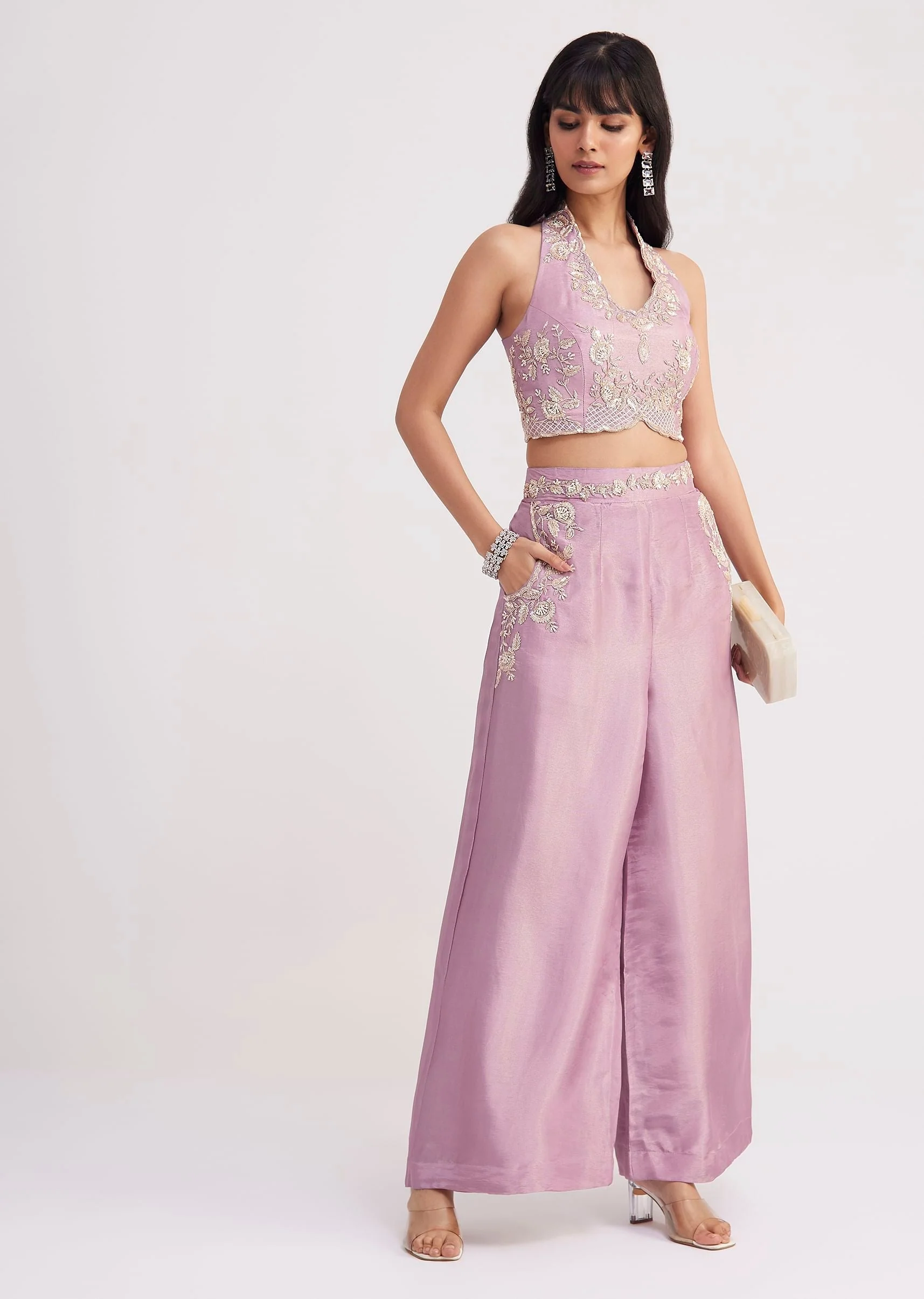 Lavender Tissue Crop Top And Palazzo Set - Image 3