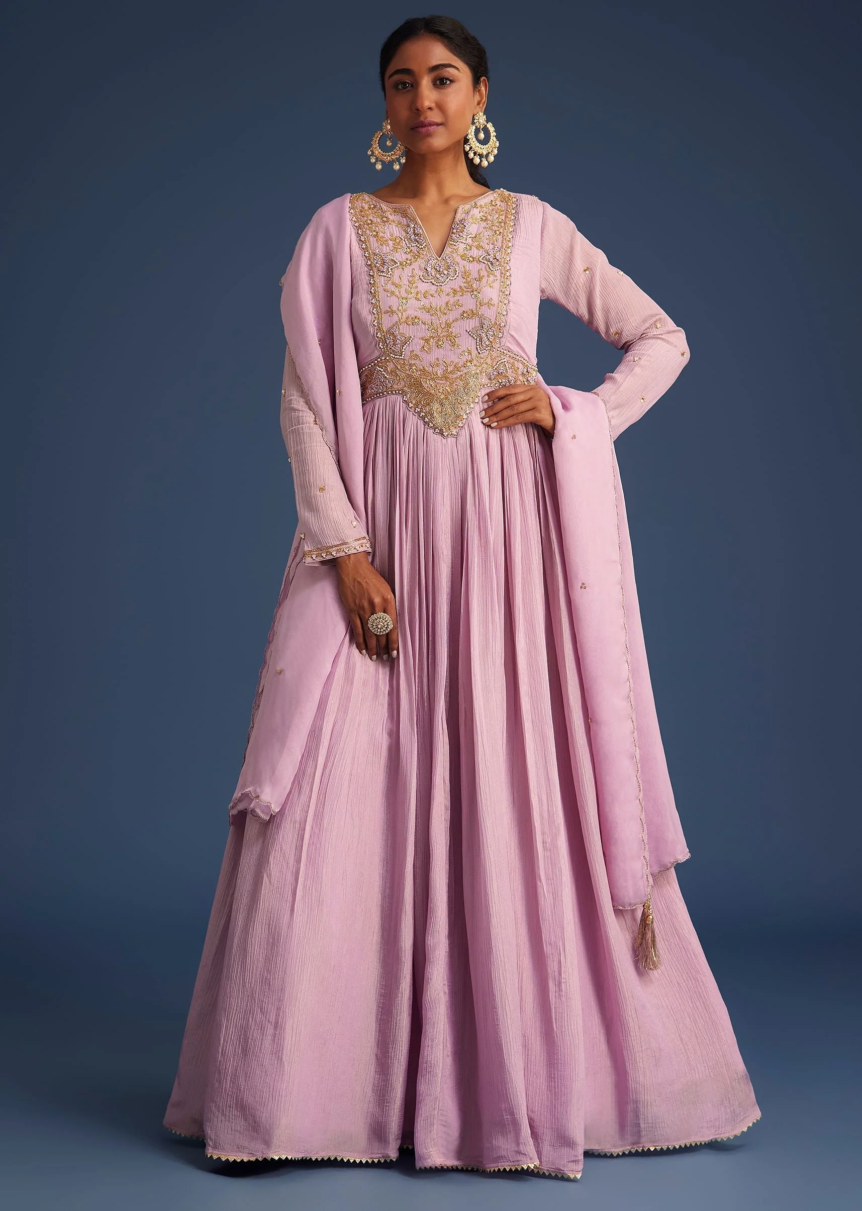 Lavender Tissue Embroidered Anarkali With Organza Dupatta - Image 3