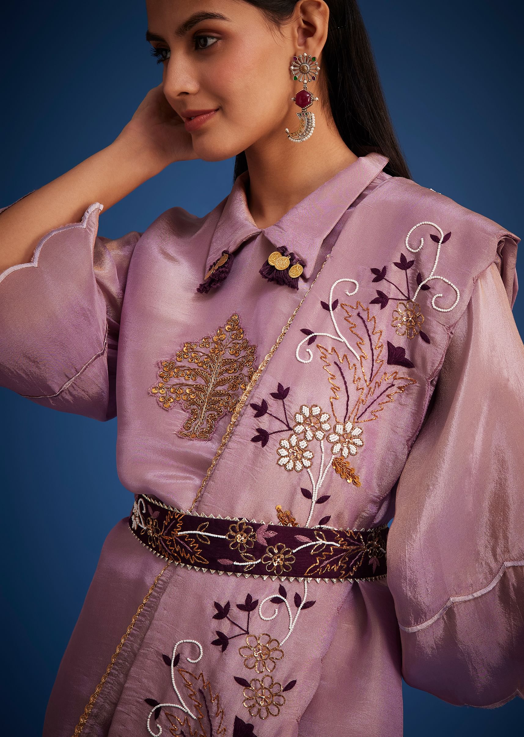 Lavender Tissue Embroidered Dhoti Set - Image 2