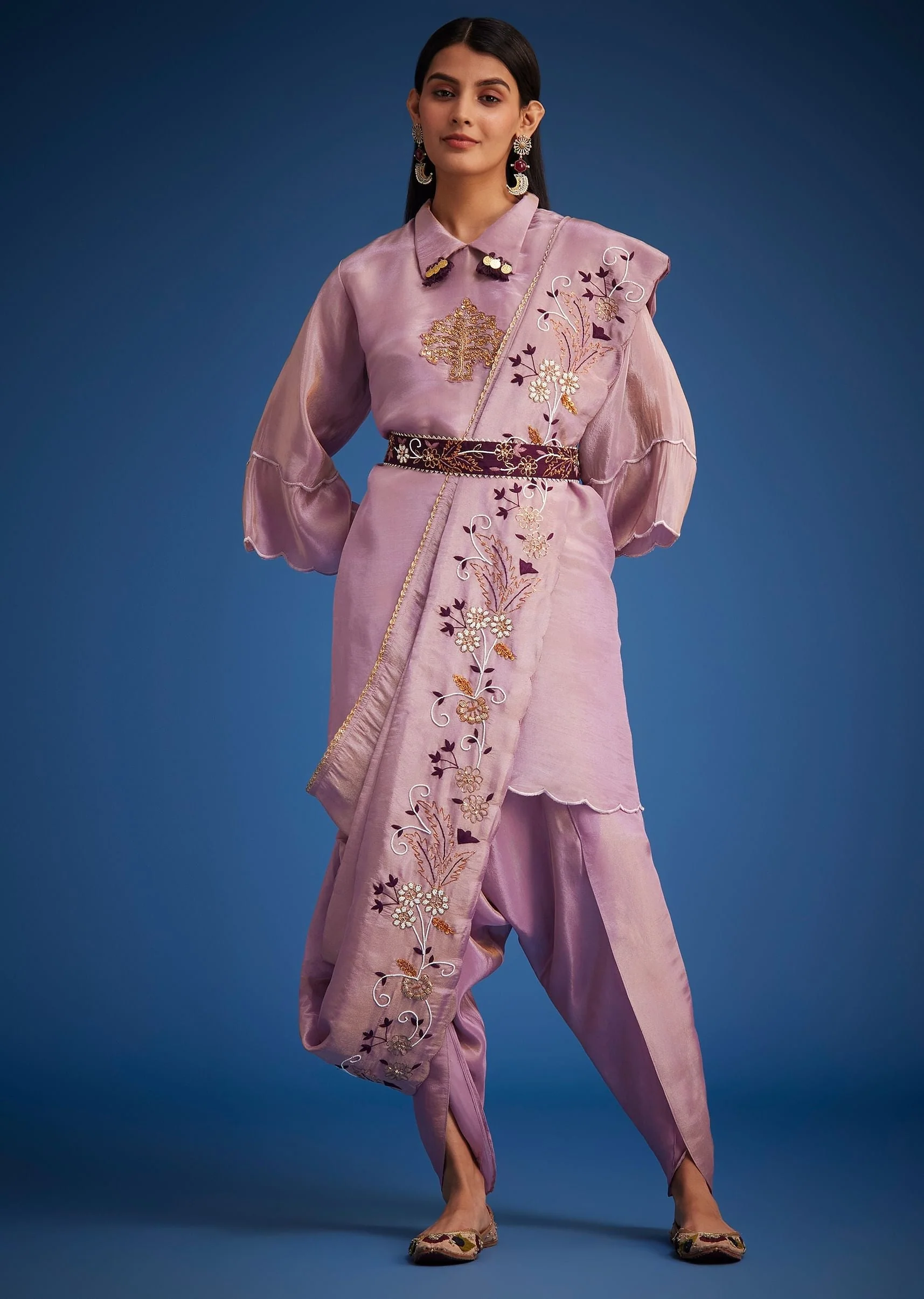 Lavender Tissue Embroidered Dhoti Set - Image 3