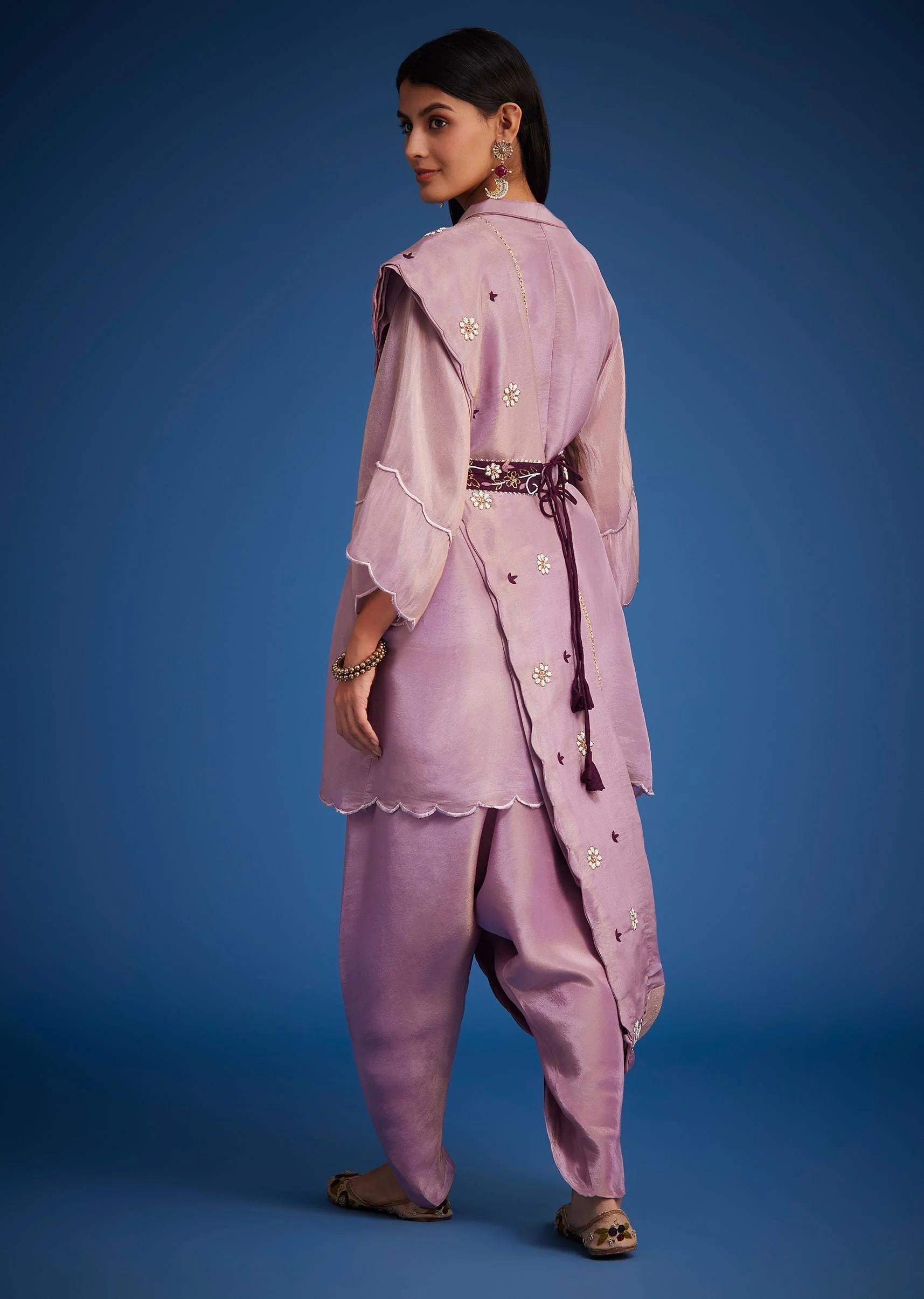 Lavender Tissue Embroidered Dhoti Set - Image 5