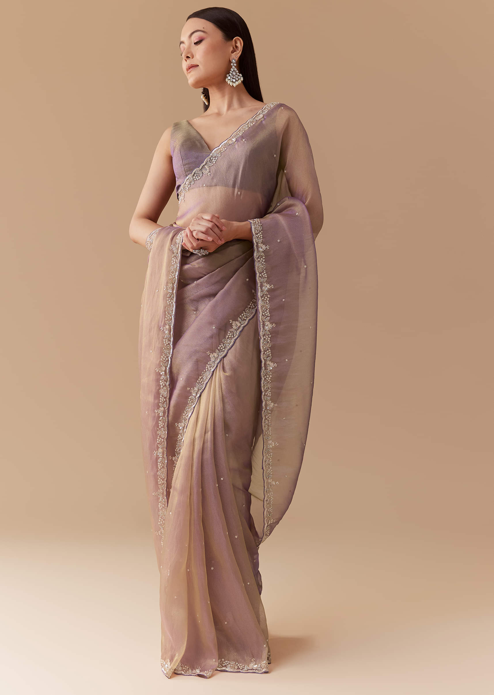 Lavender Tissue Embroidered Saree with Unstitched Blouse