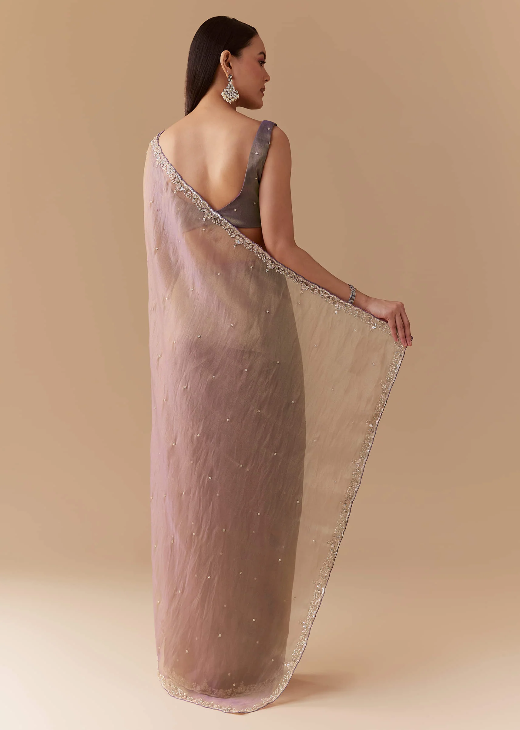 Lavender Tissue Embroidered Saree with Unstitched Blouse - Image 4