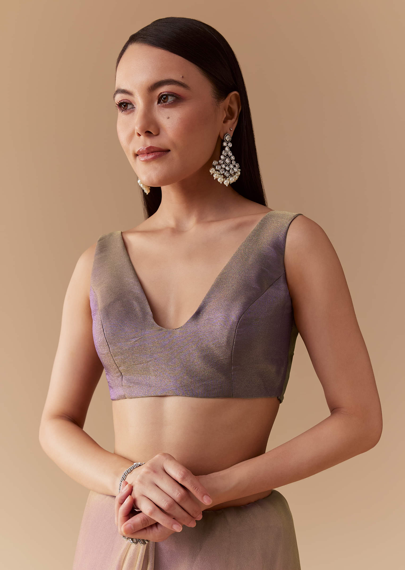 Lavender Tissue Embroidered Saree with Unstitched Blouse - Image 7