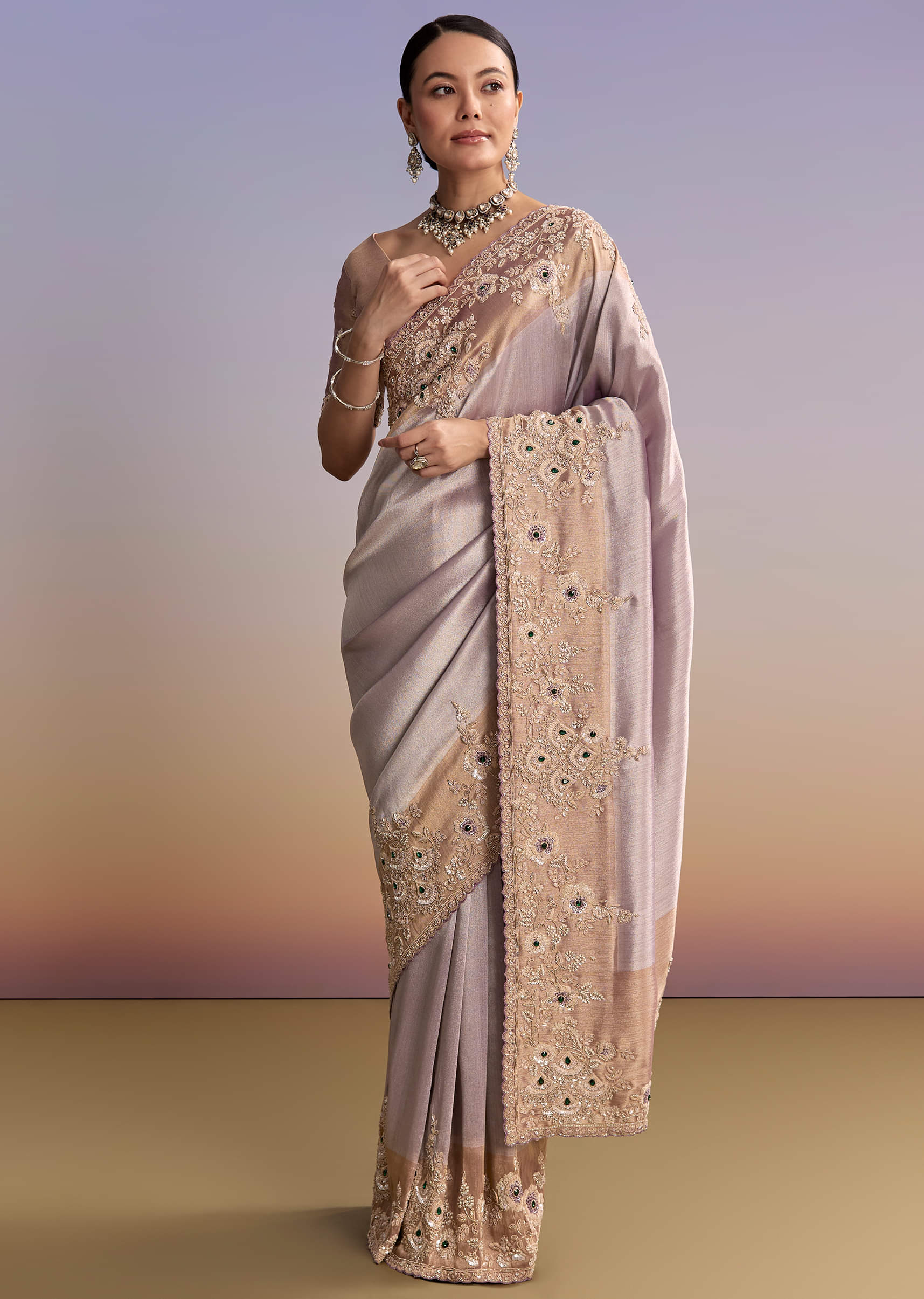 Lavender Tissue Embroidered Saree With Zari Border And Bead Work - Image 10
