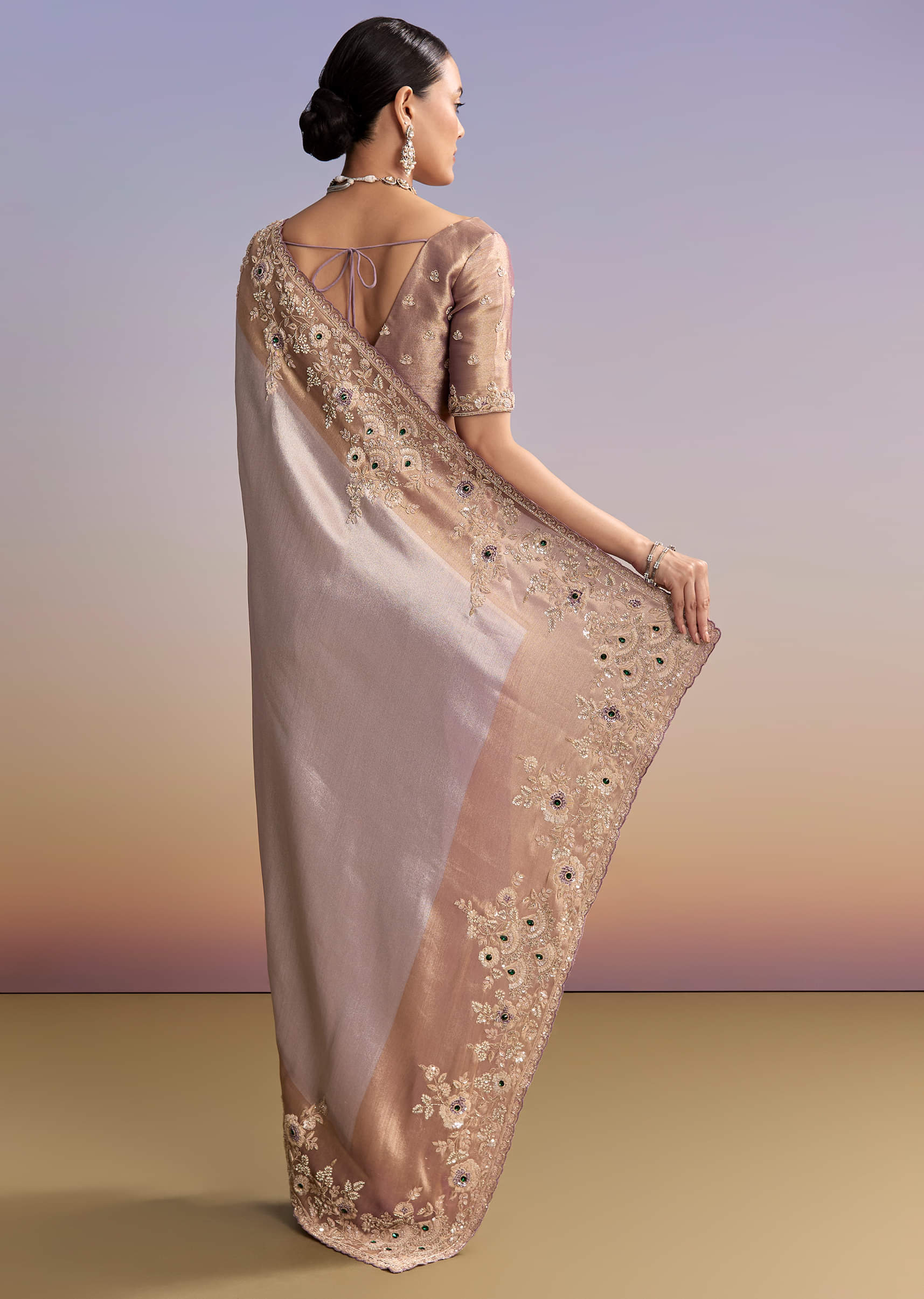 Lavender Tissue Embroidered Saree With Zari Border And Bead Work - Image 4