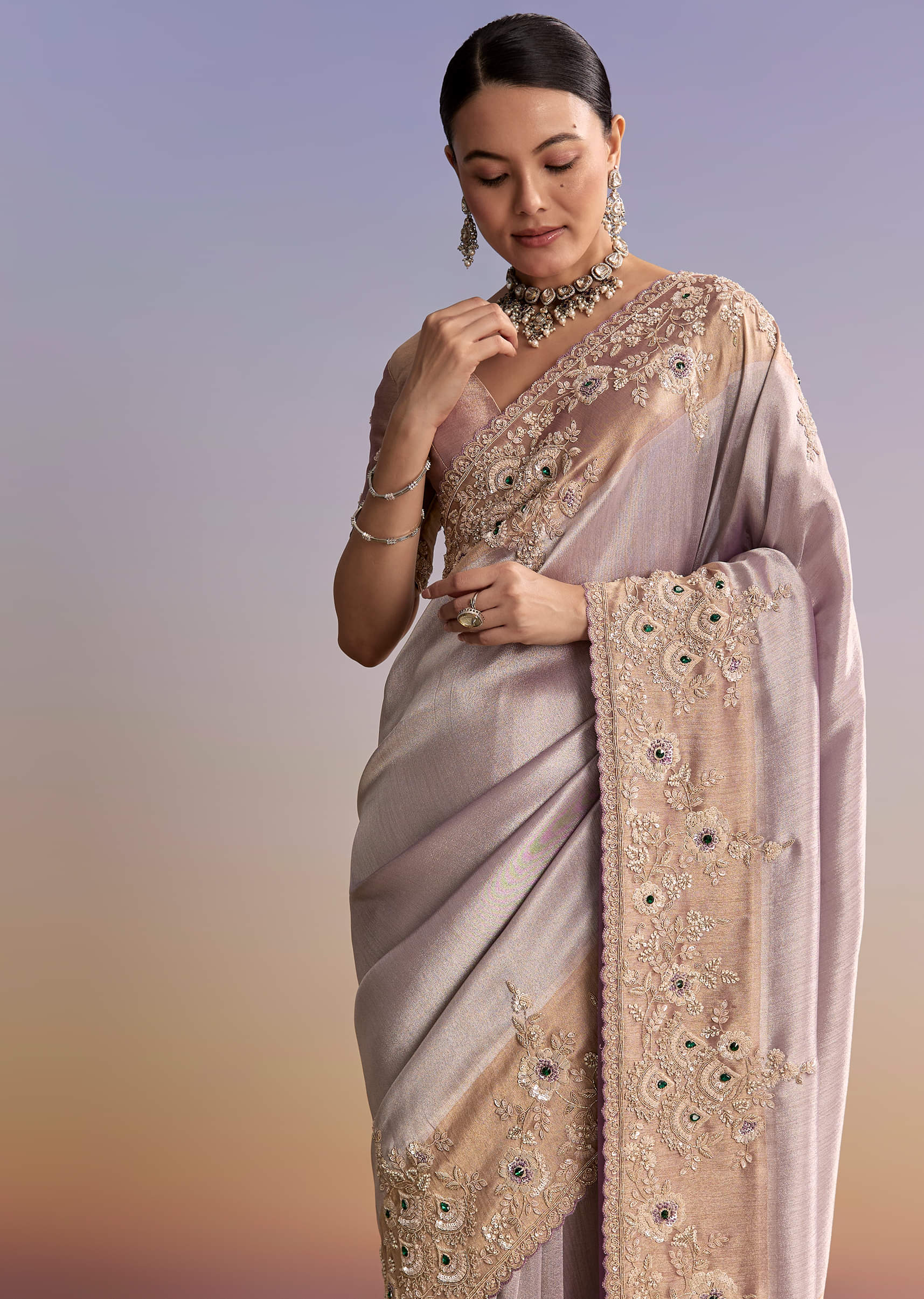 Lavender Tissue Embroidered Saree With Zari Border And Bead Work - Image 5