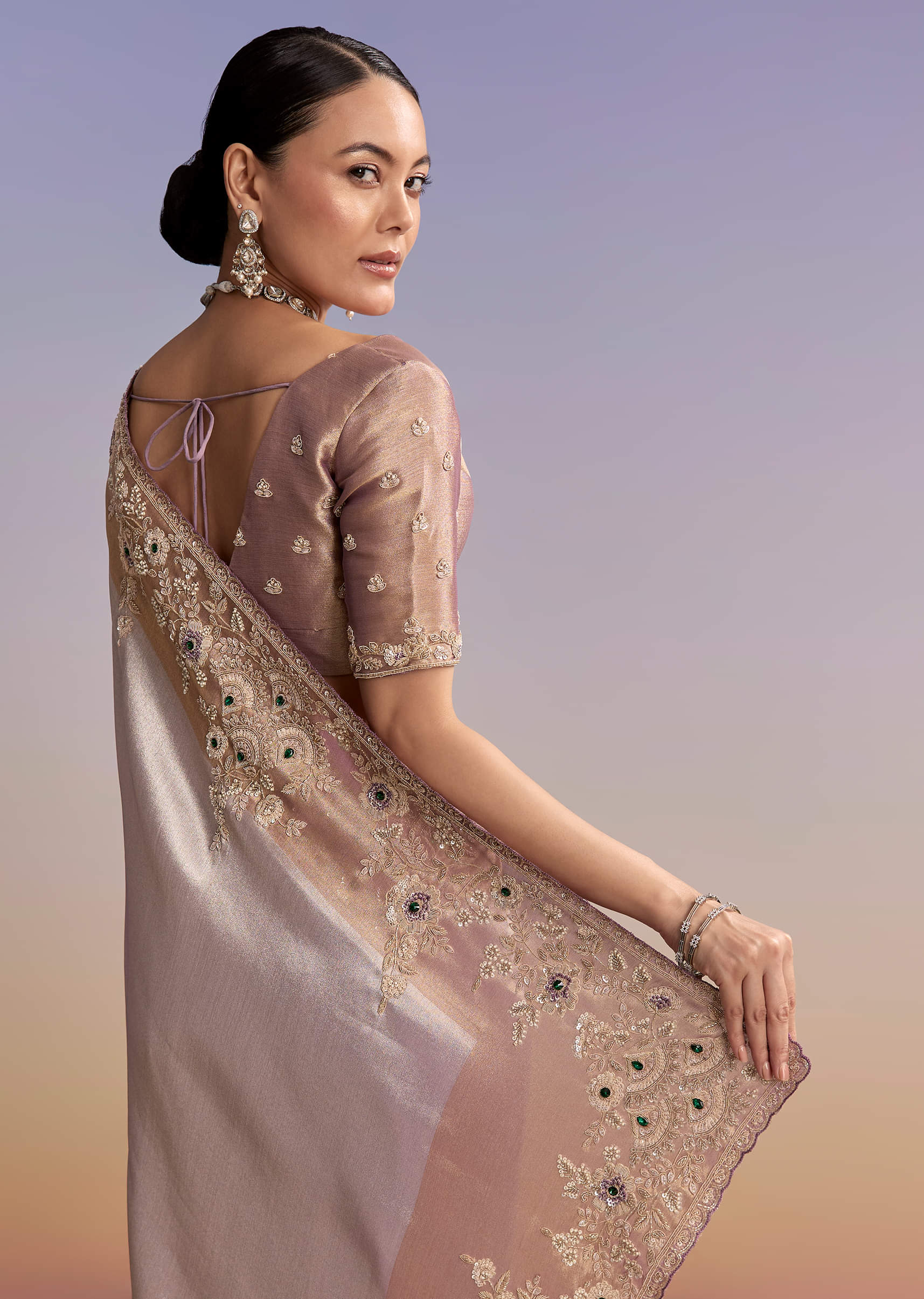 Lavender Tissue Embroidered Saree With Zari Border And Bead Work - Image 6