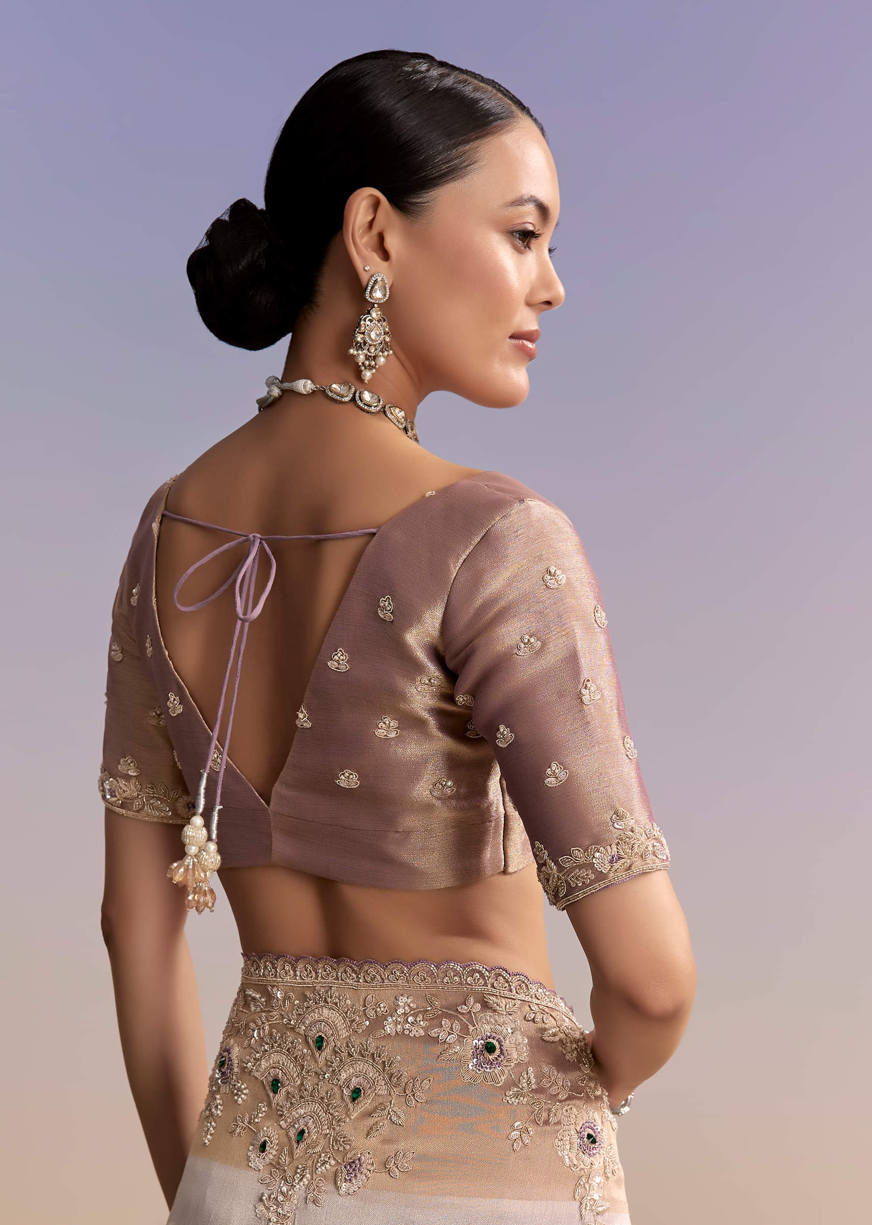 Lavender Tissue Embroidered Saree With Zari Border And Bead Work - Image 8