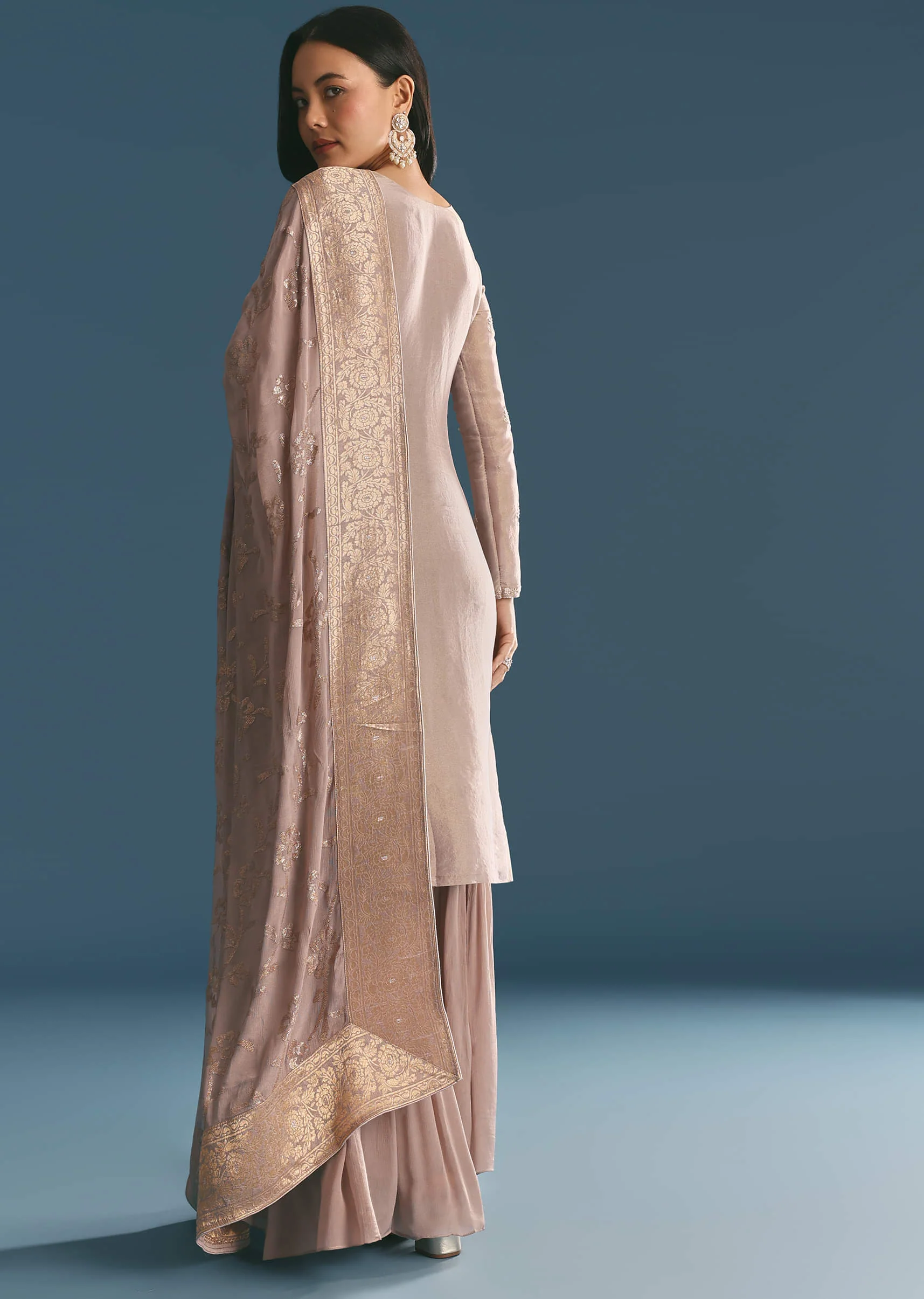 Lavender Tissue Kurta Sharara Suit With Moti And Cutdana Work - Image 5