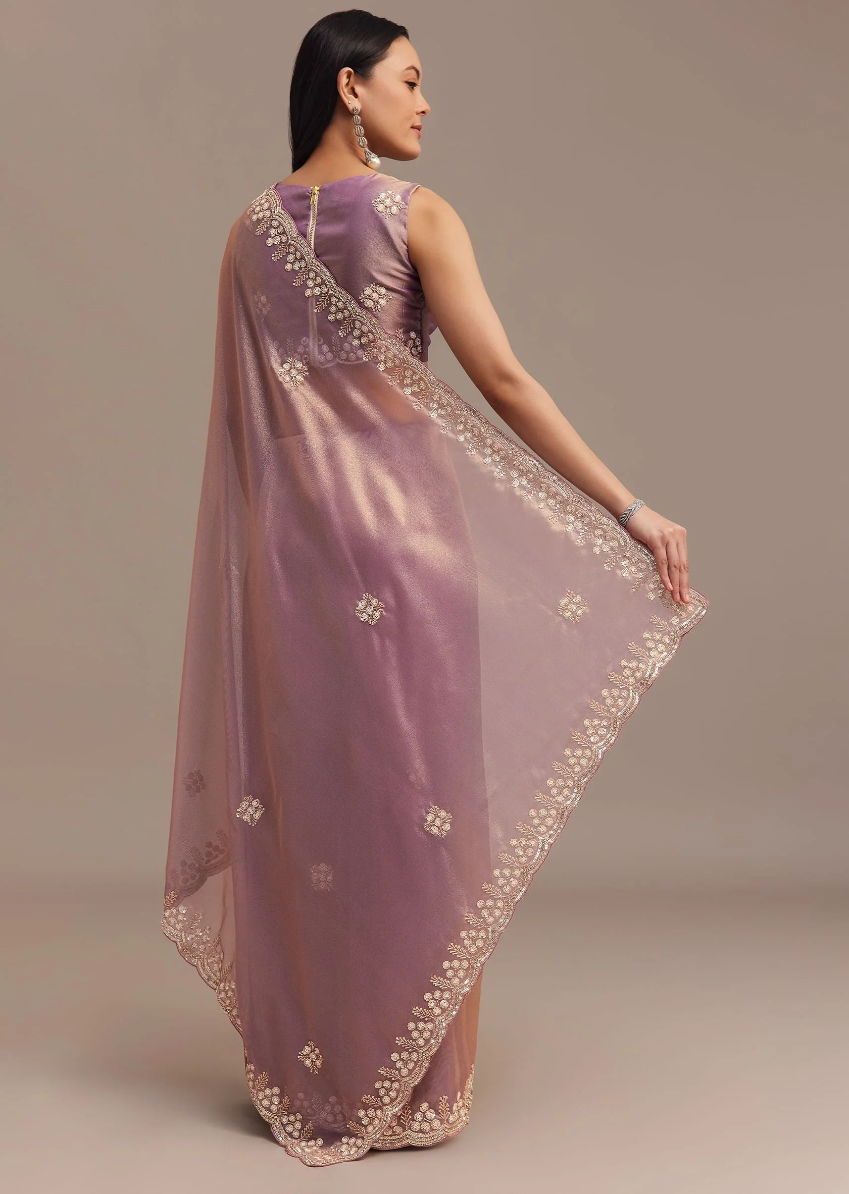 Lavender Tissue Saree Embroidered With Sequins And Cutdana - Image 6