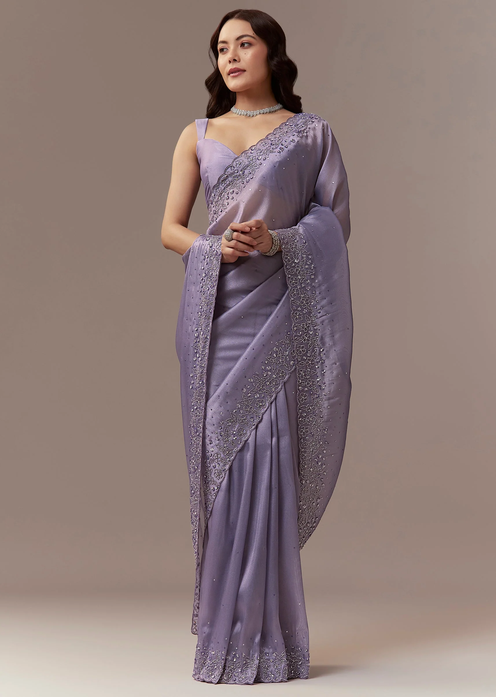 Lavender Tissue Saree With Cutdana And Sequin Embroidery