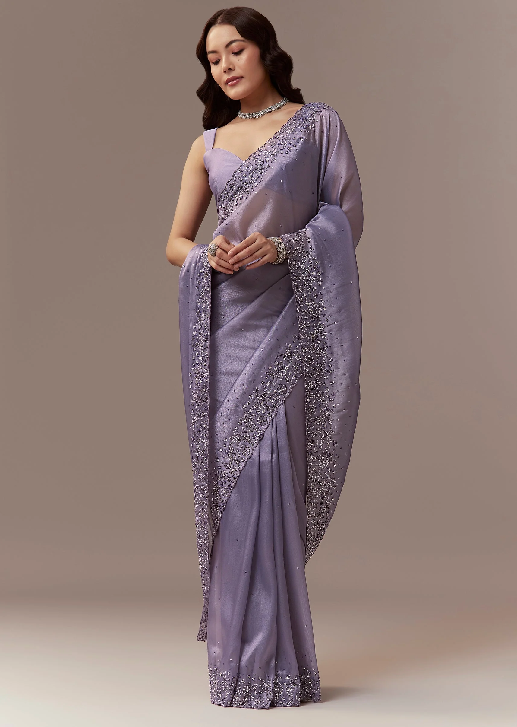 Lavender Tissue Saree With Cutdana And Sequin Embroidery - Image 3