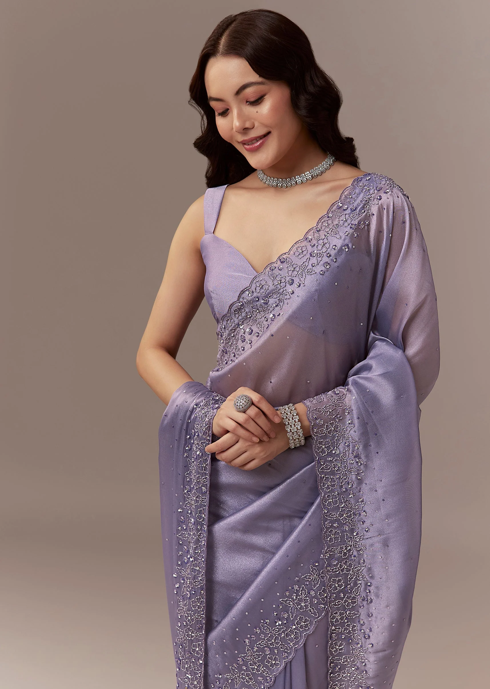 Lavender Tissue Saree With Cutdana And Sequin Embroidery - Image 5