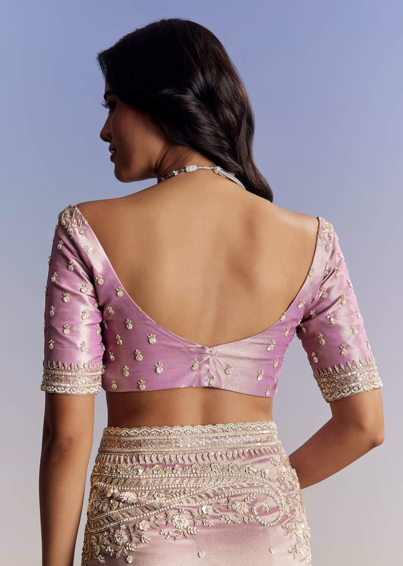Lavender Tissue Saree With Cutdana Sequin And Bead Embroidery - Image 8