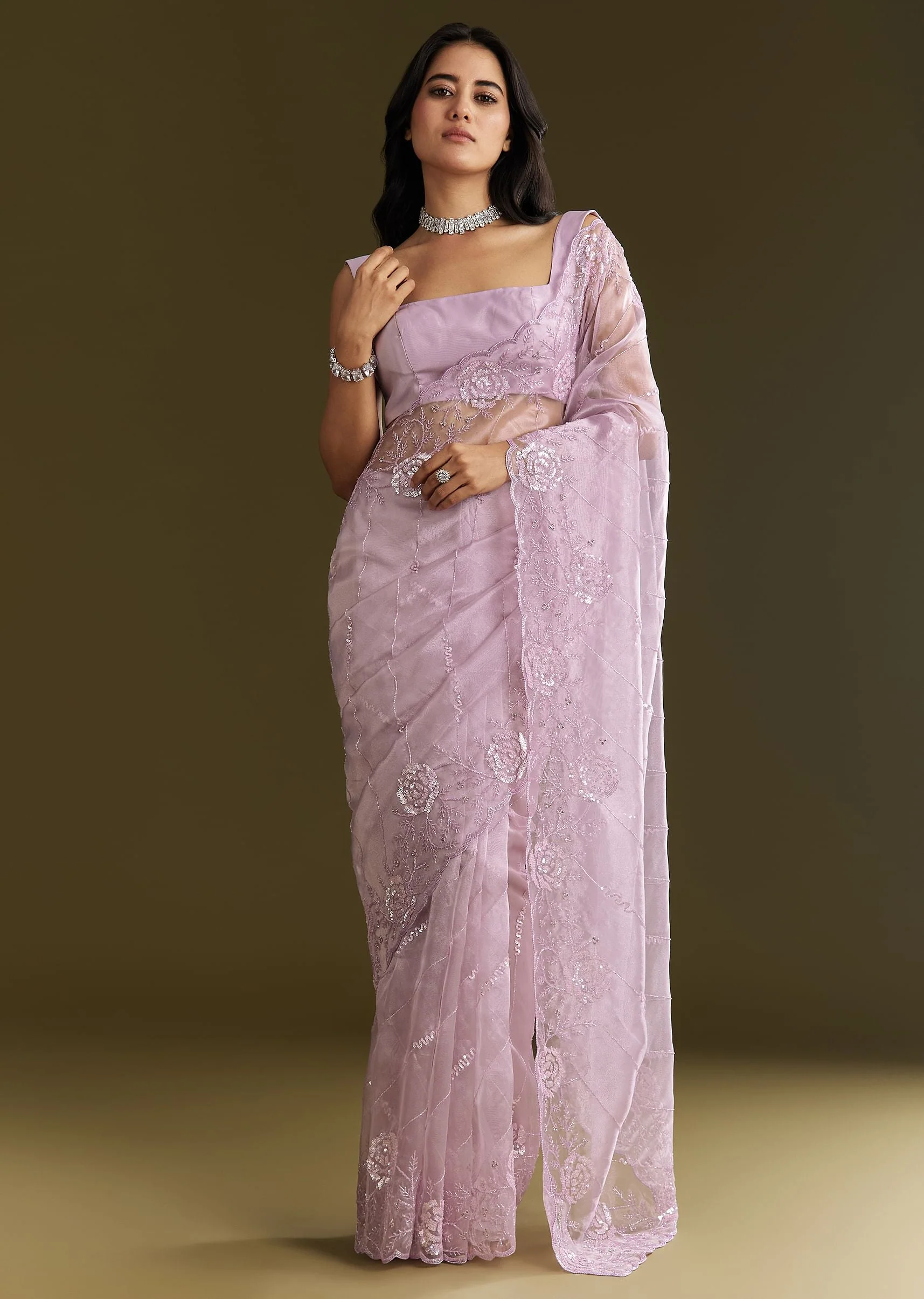 Lavender Tissue Saree With Floral Embroidery And Scallop Border - Image 3