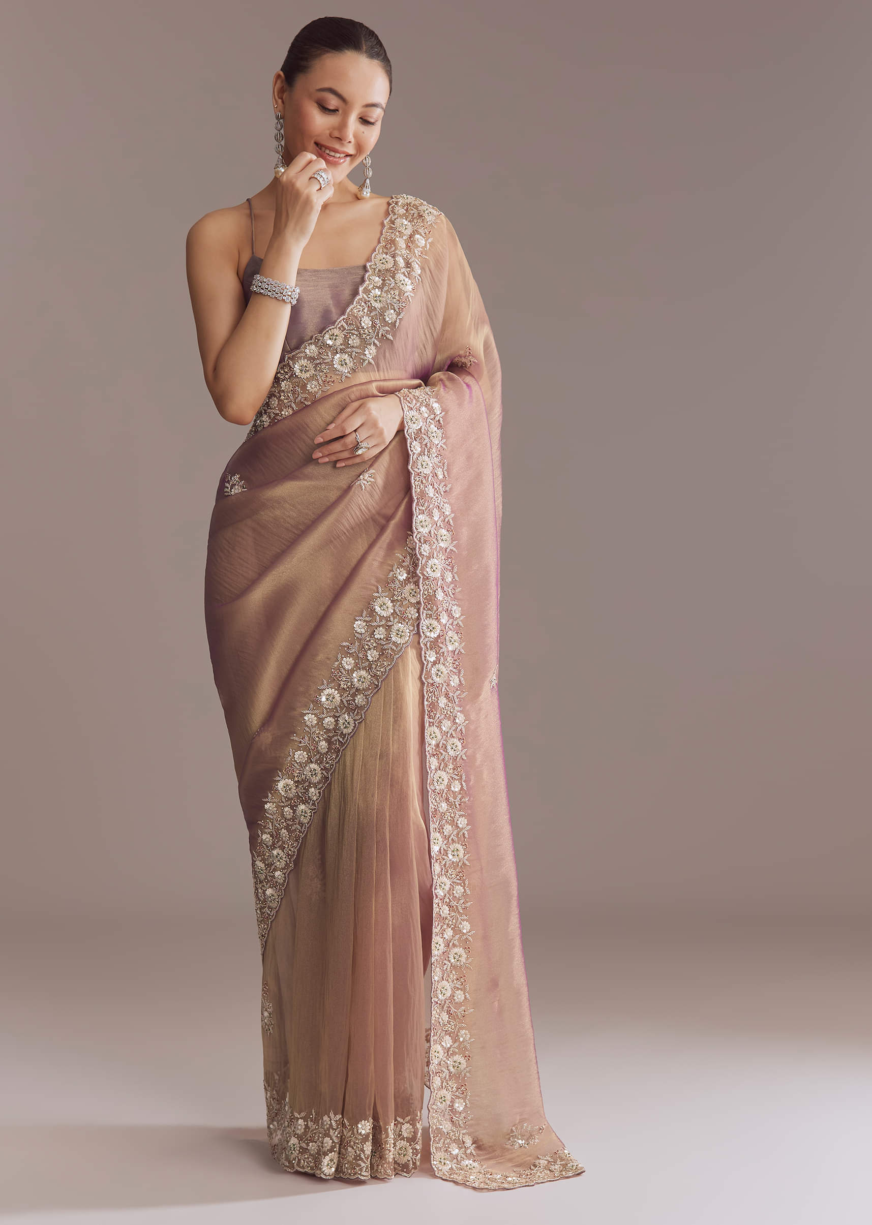 Lavender Tissue Saree With Heavy Floral Embroidery - Image 10