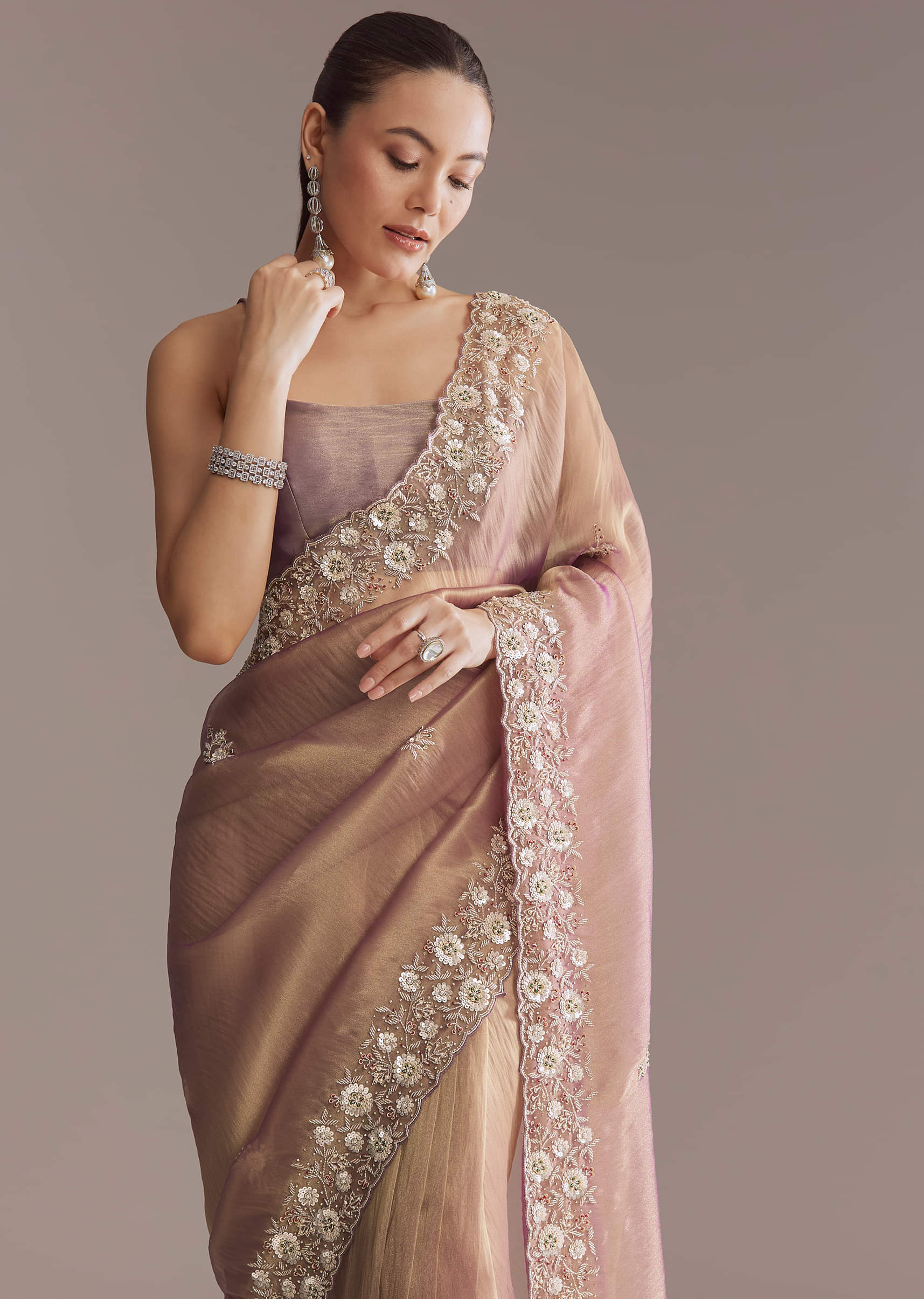 Lavender Tissue Saree With Heavy Floral Embroidery - Image 4
