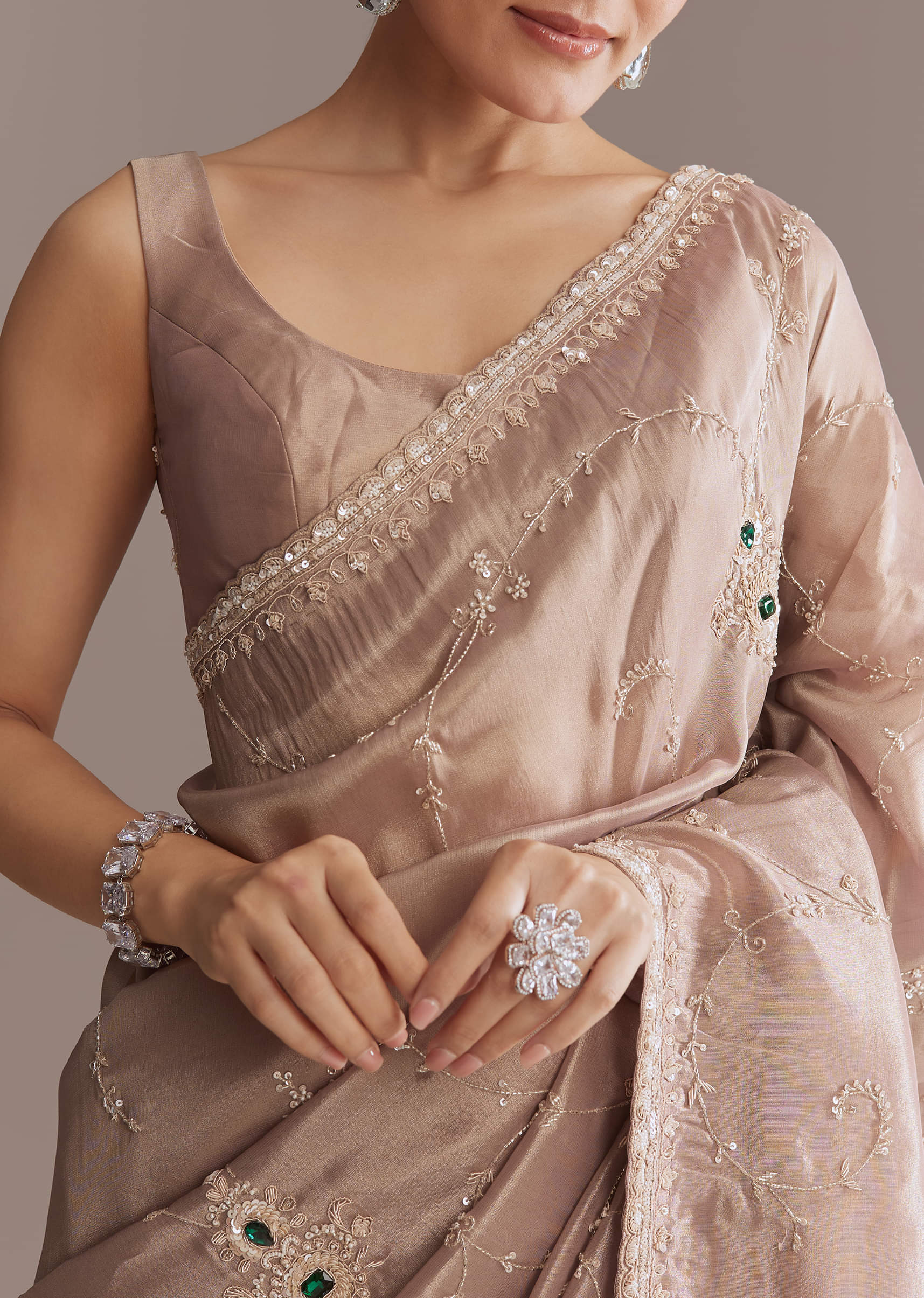 Lavender Tissue Saree With Heavy Floral Work - Image 2