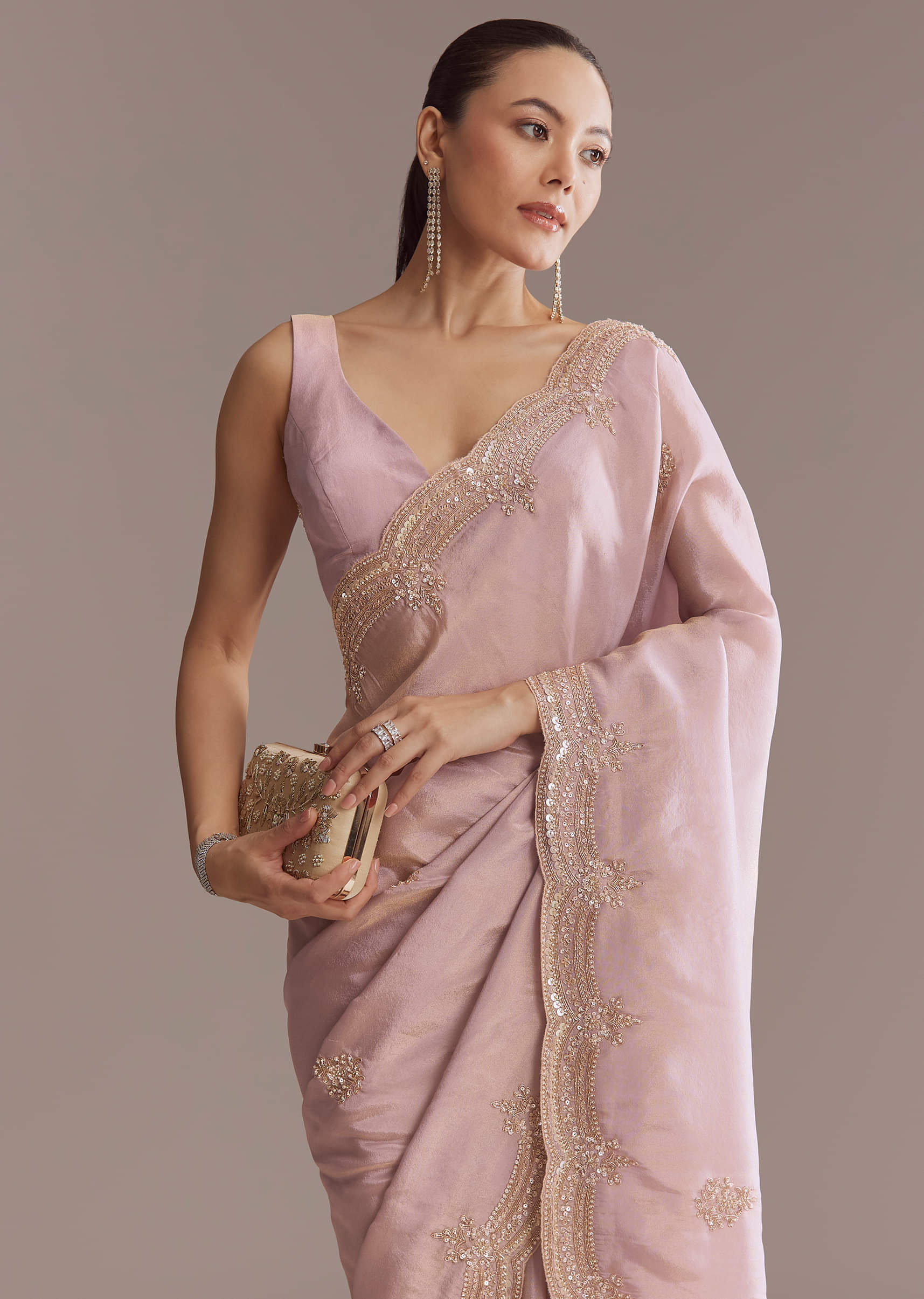 Lavender Tissue Saree With Heavy Hand Embroidery - Image 9