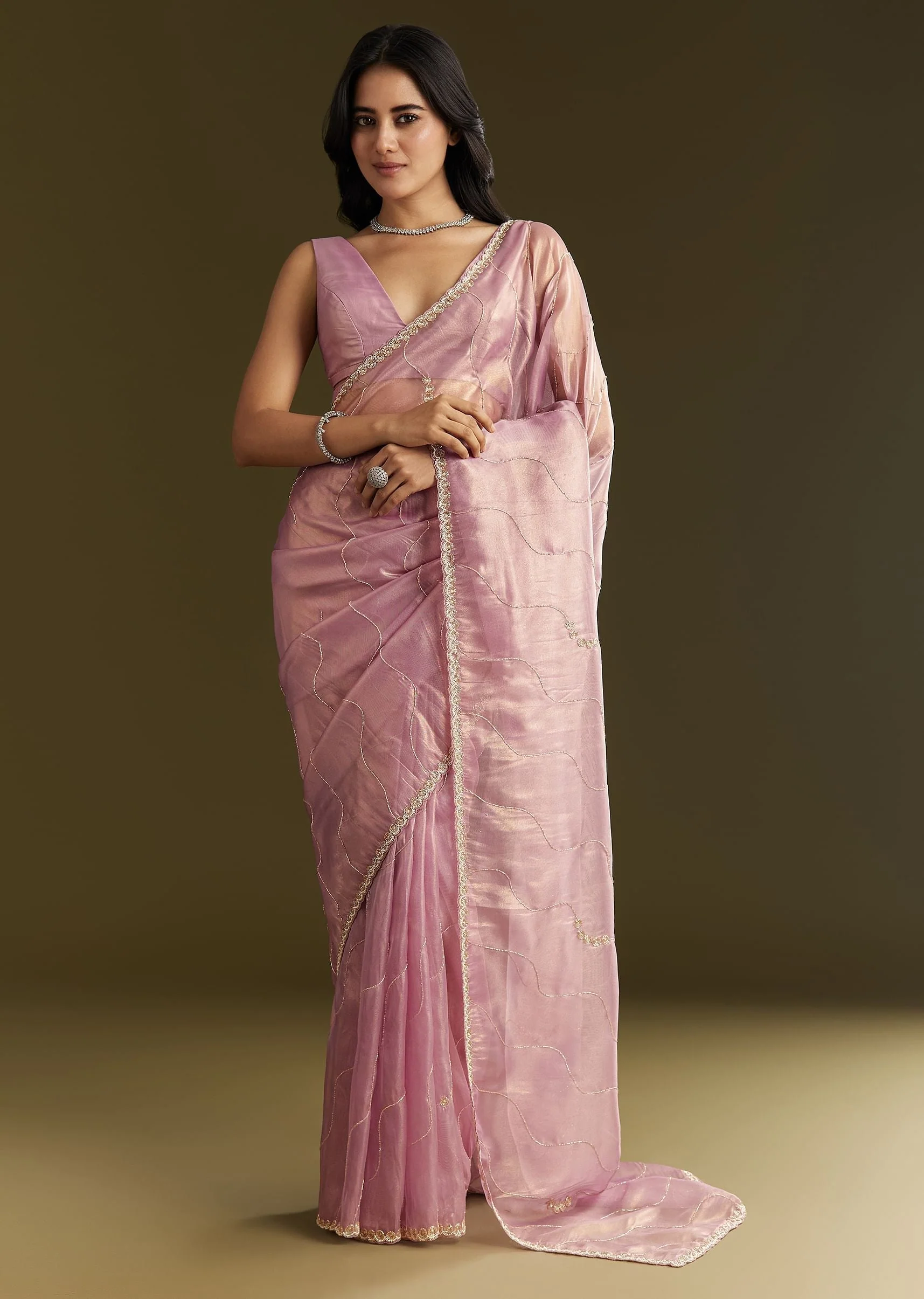 Lavender Tissue Saree With Moti And Cutdana Embroidery And Scallop Border - Image 3