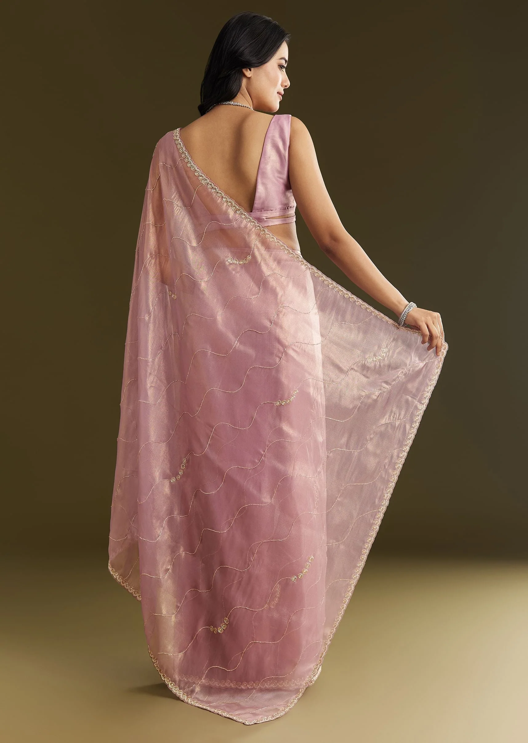 Lavender Tissue Saree With Moti And Cutdana Embroidery And Scallop Border - Image 4