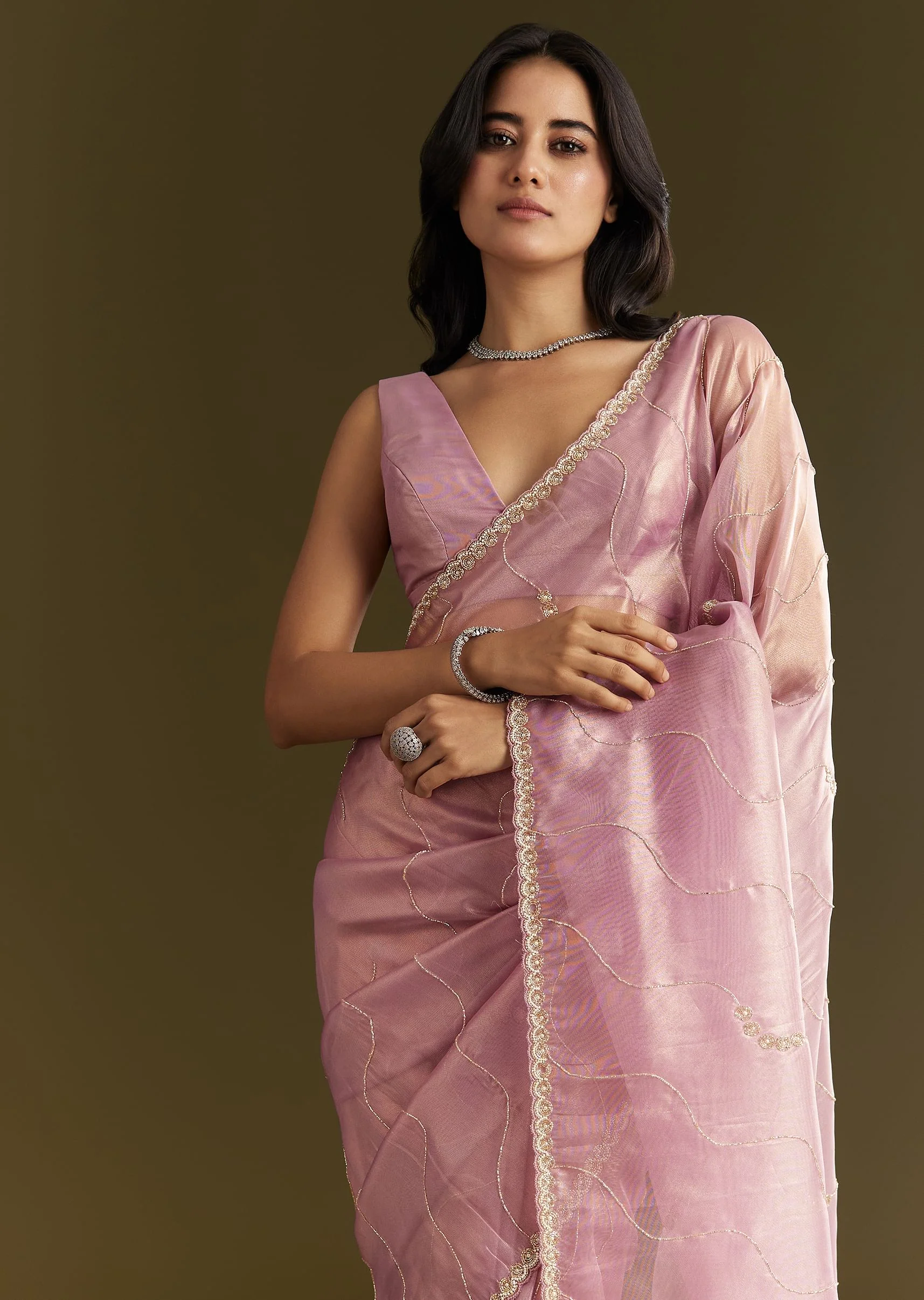 Lavender Tissue Saree With Moti And Cutdana Embroidery And Scallop Border - Image 5