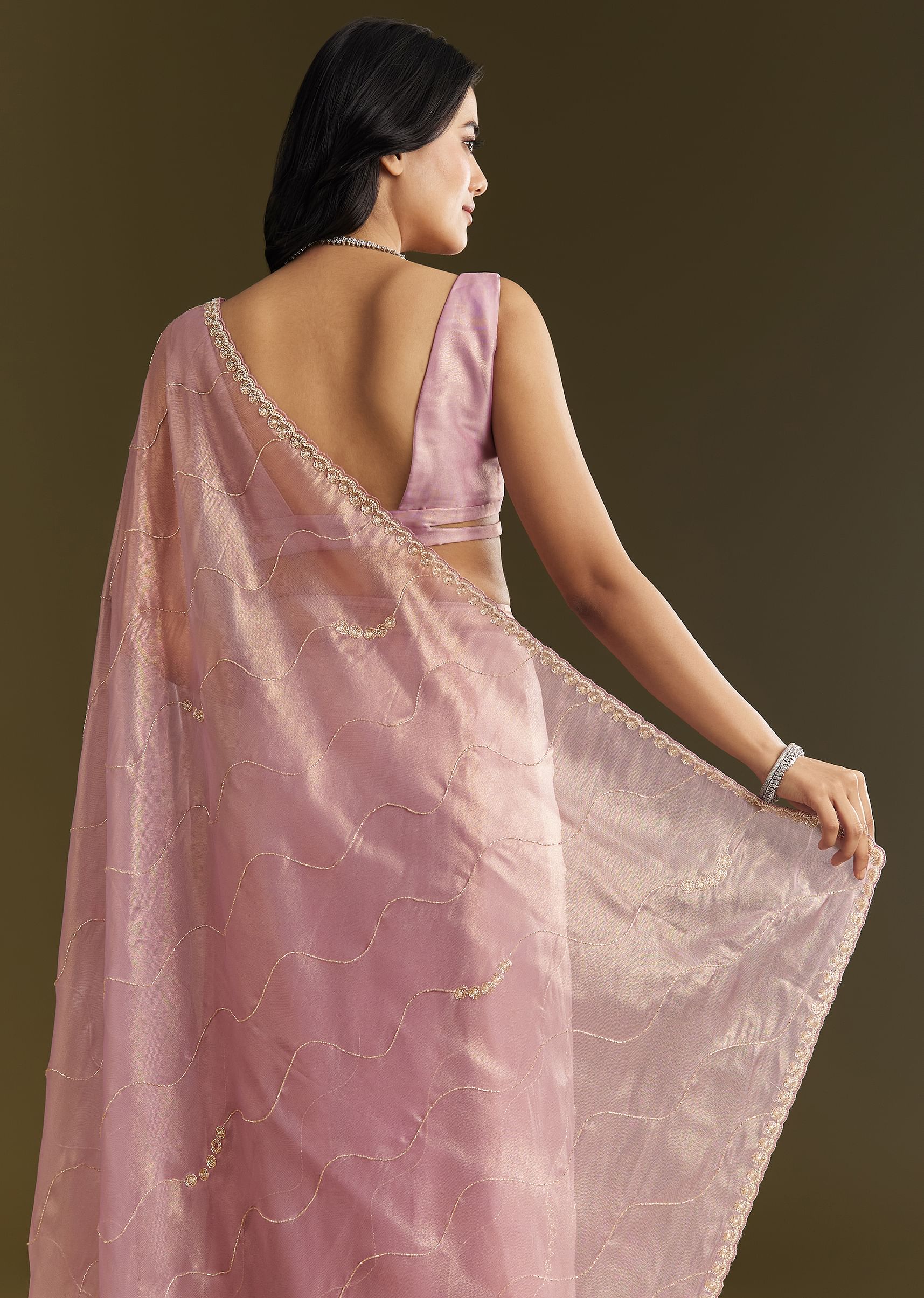 Lavender Tissue Saree With Moti And Cutdana Embroidery And Scallop Border - Image 6