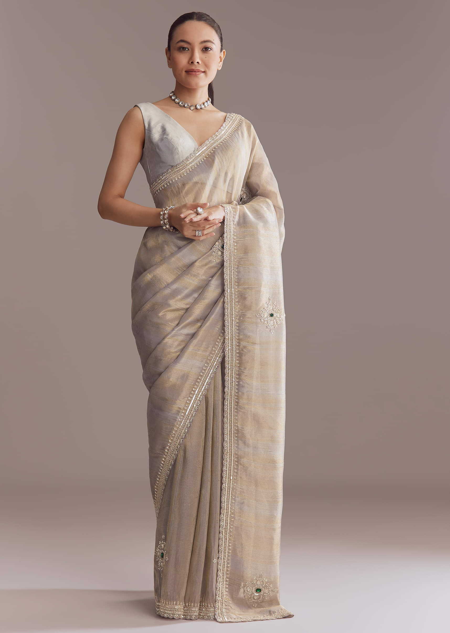 Lavender Tissue Saree With Zardosi And Emerald Stone Embroidery - Image 10