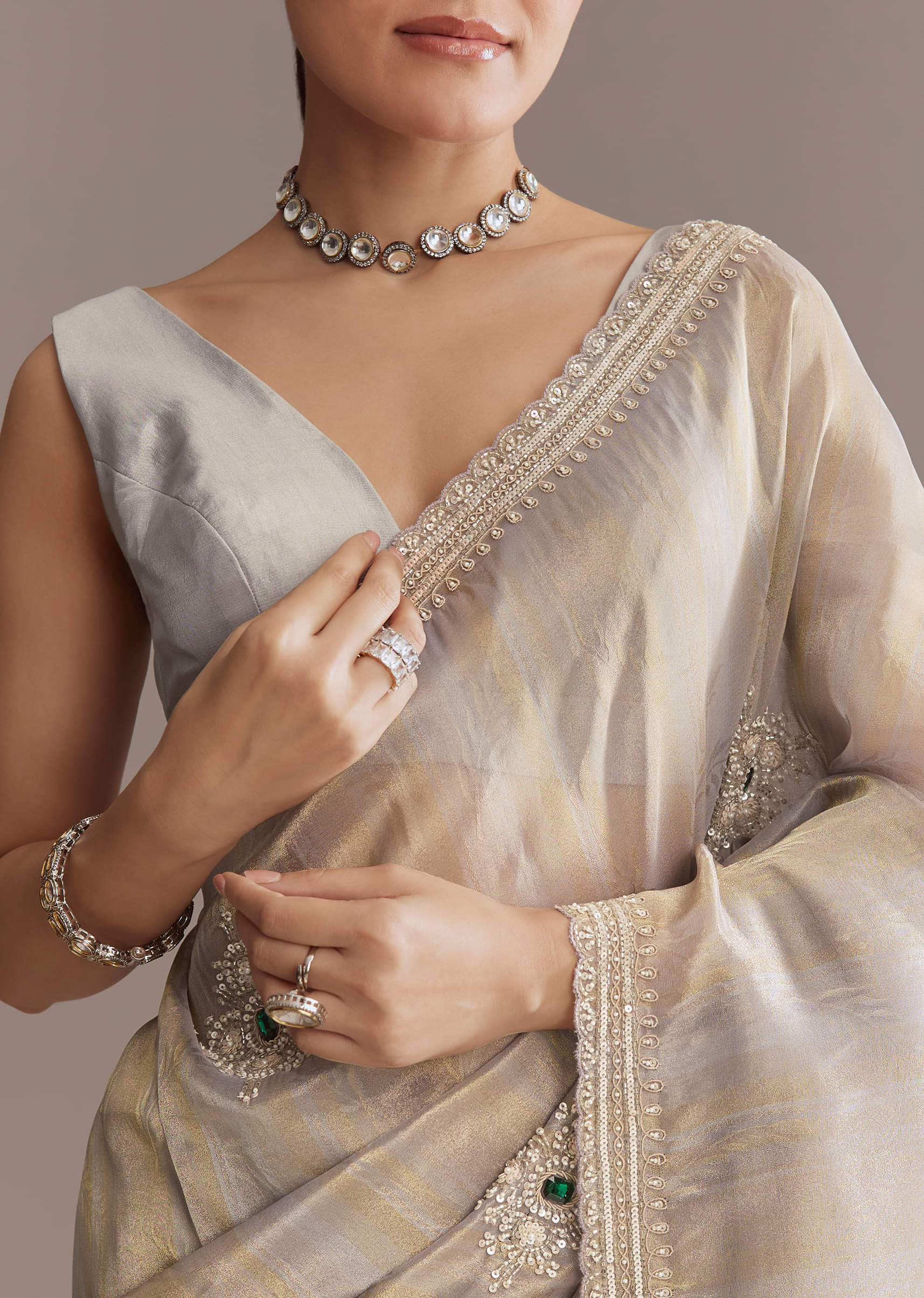 Lavender Tissue Saree With Zardosi And Emerald Stone Embroidery - Image 2