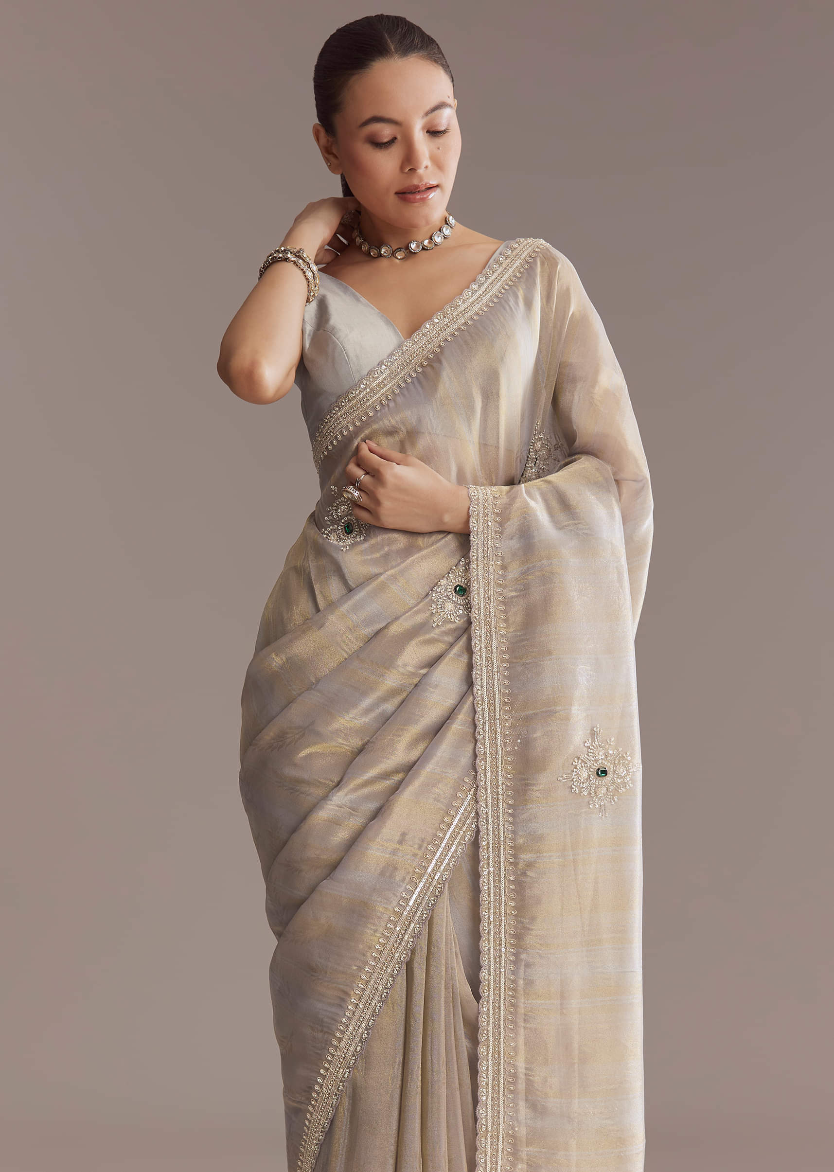 Lavender Tissue Saree With Zardosi And Emerald Stone Embroidery - Image 4