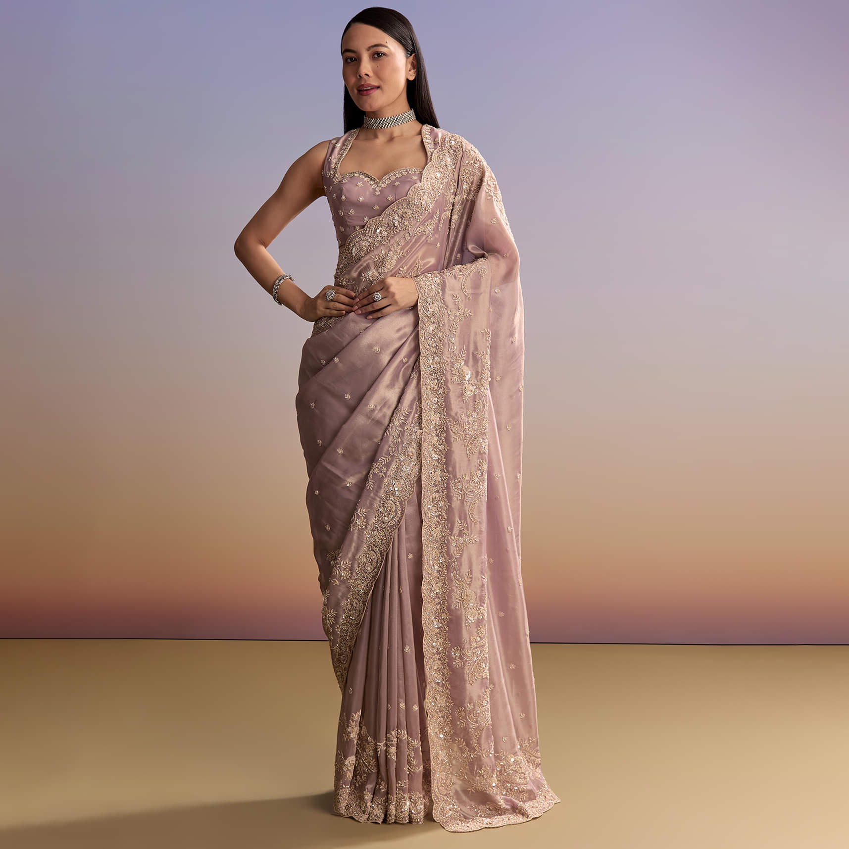 Lavender Tissue Saree With Zardosi And Sequin Embroidery - Image 10