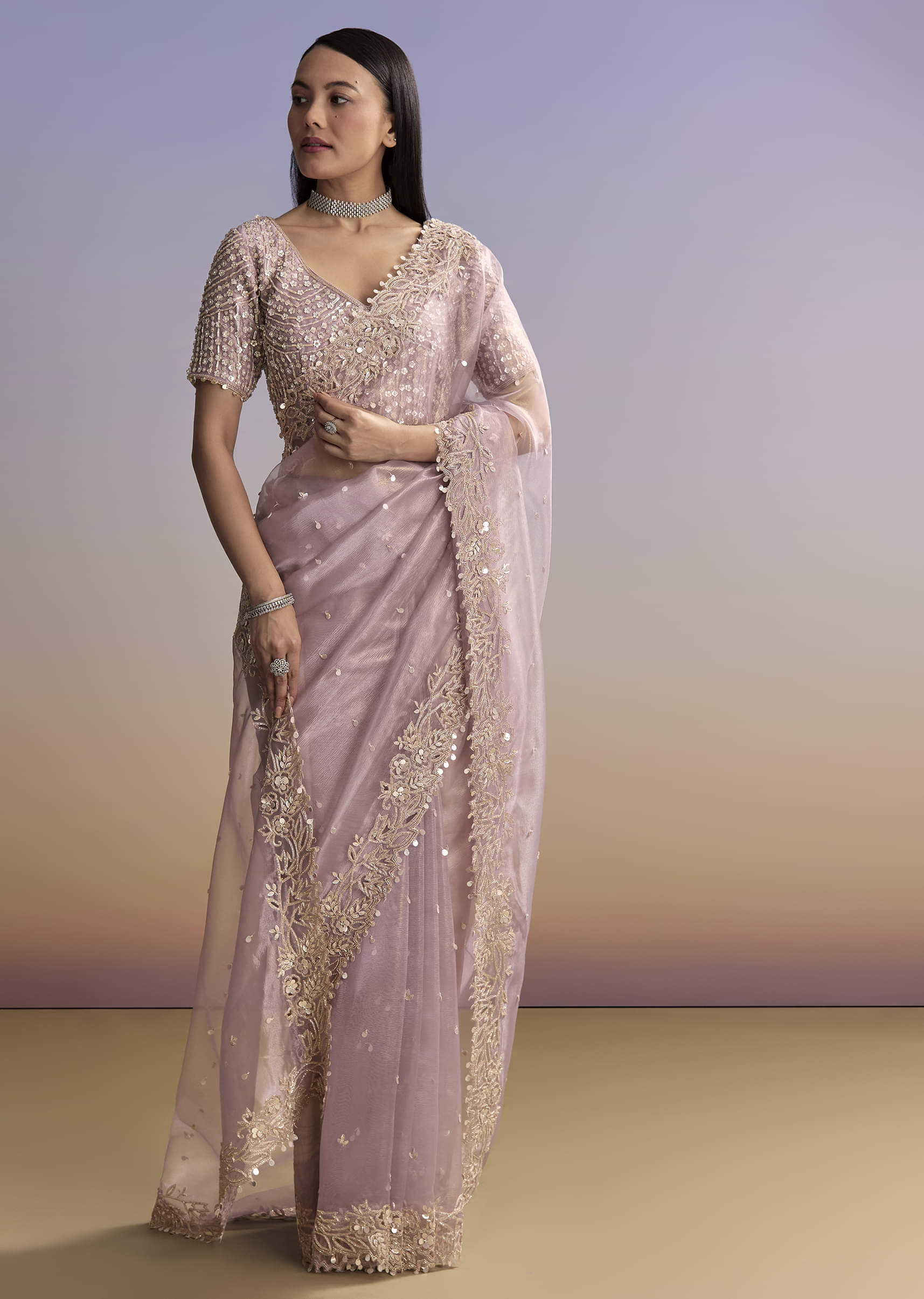 Lavender Tissue Saree With Zardosi And Sequin Embroidery - Image 4