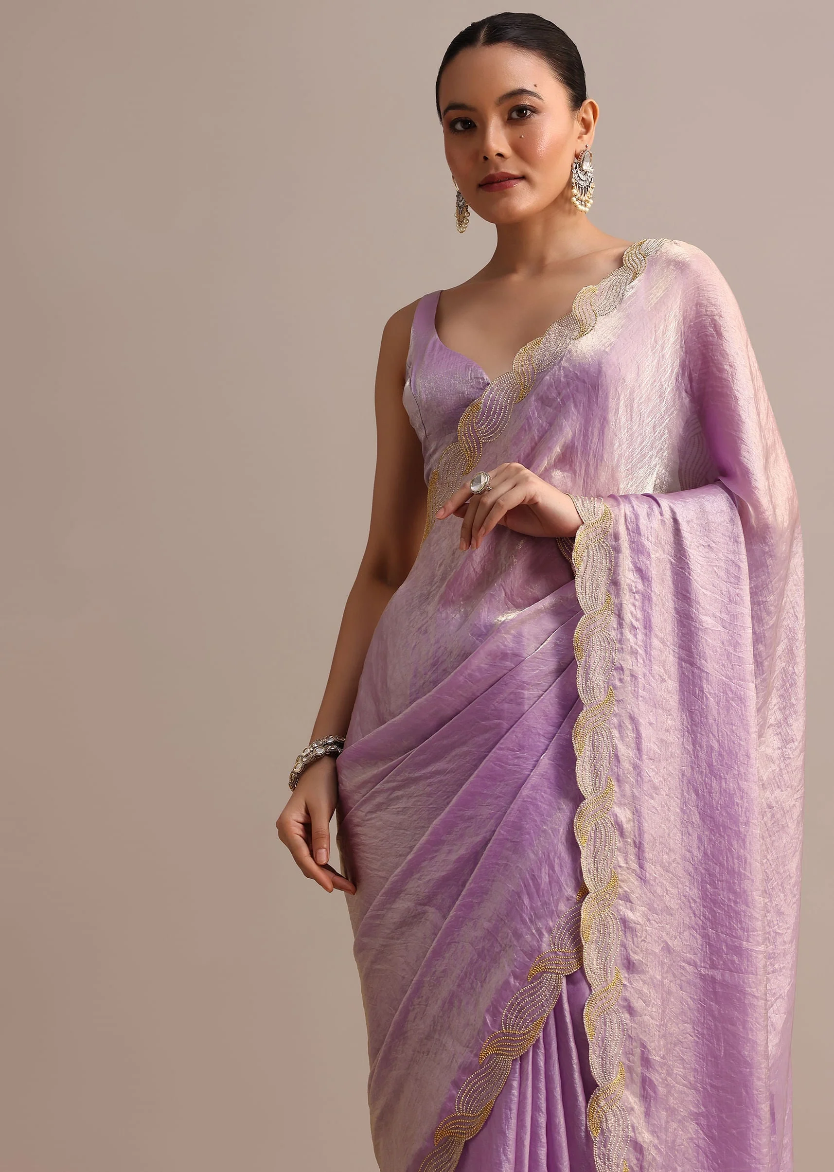 Lavender Tissue Saree With Zari Embroidered Border