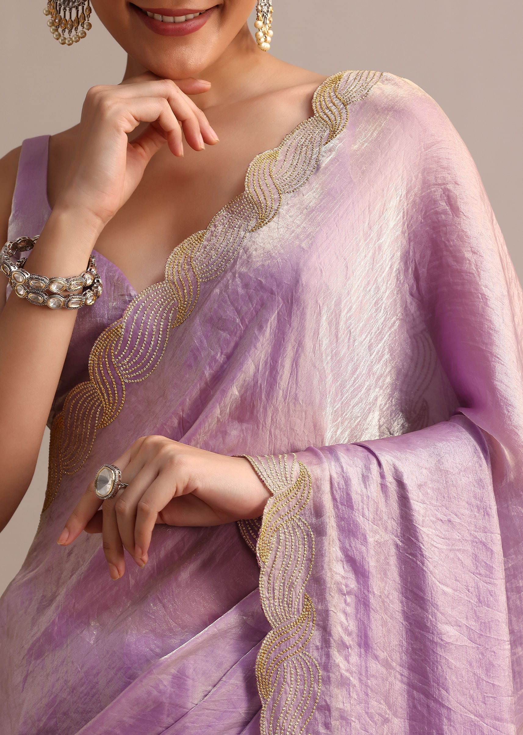 Lavender Tissue Saree With Zari Embroidered Border - Image 3