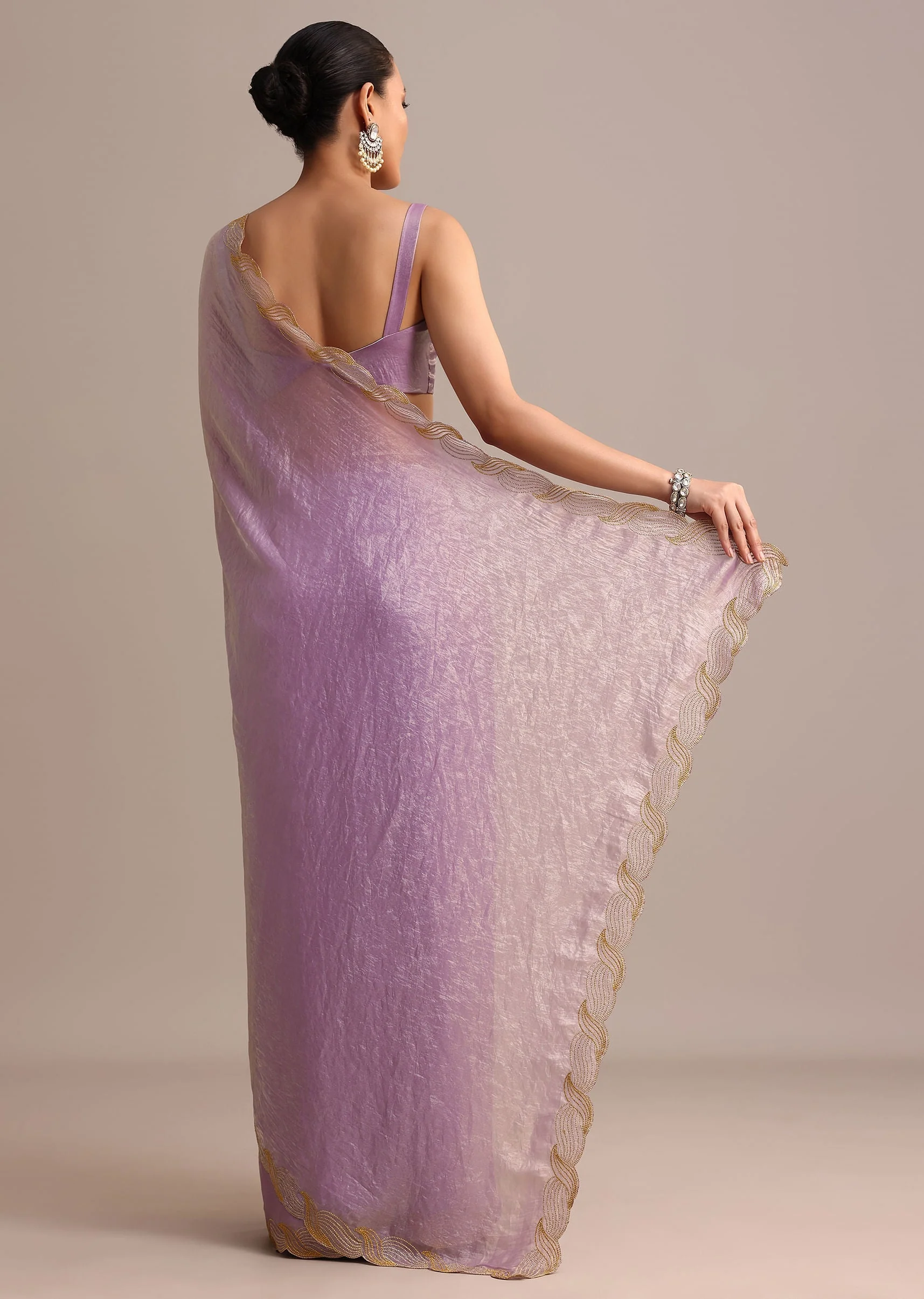 Lavender Tissue Saree With Zari Embroidered Border - Image 4